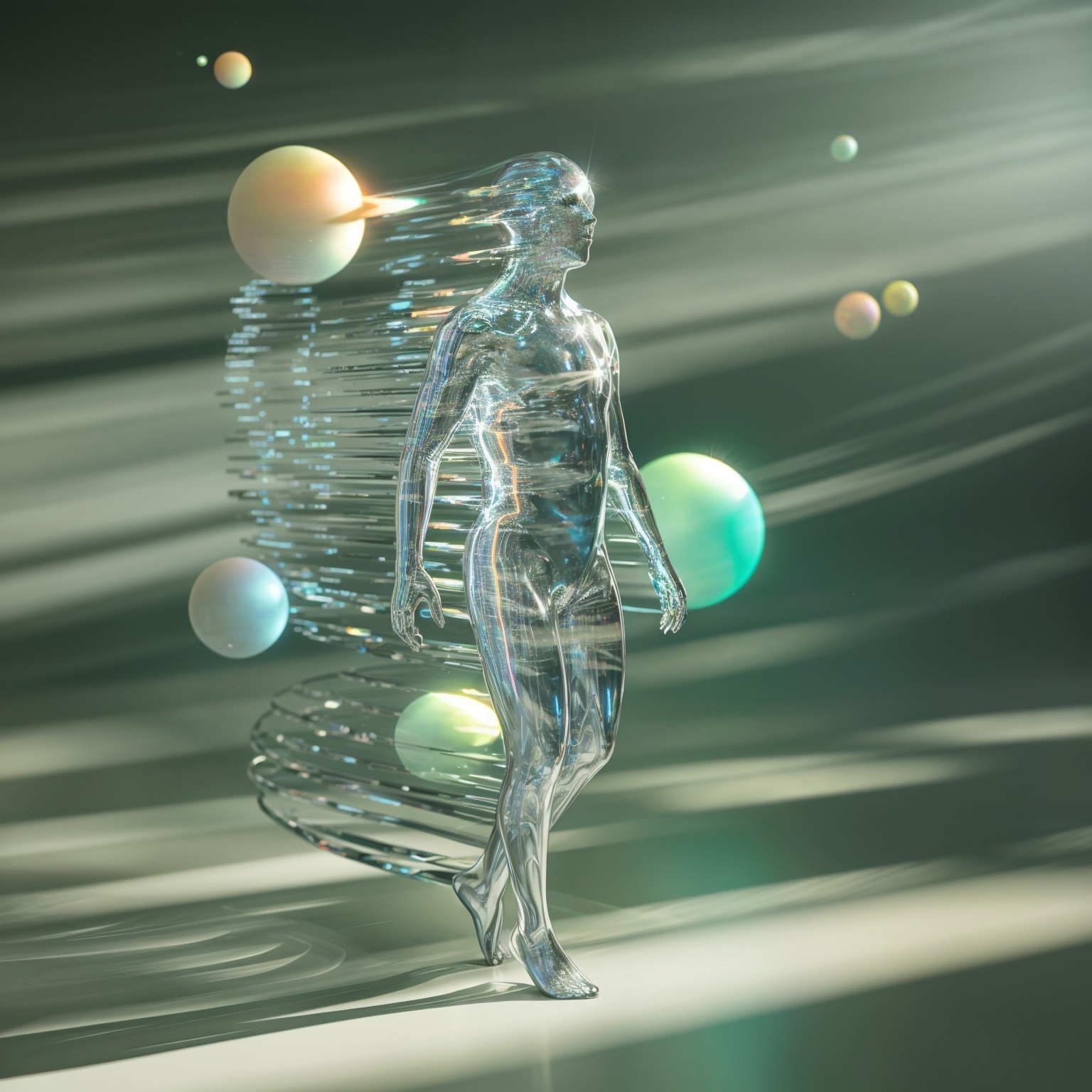 Translucent Figure in Surreal Space with Glowing Orbs