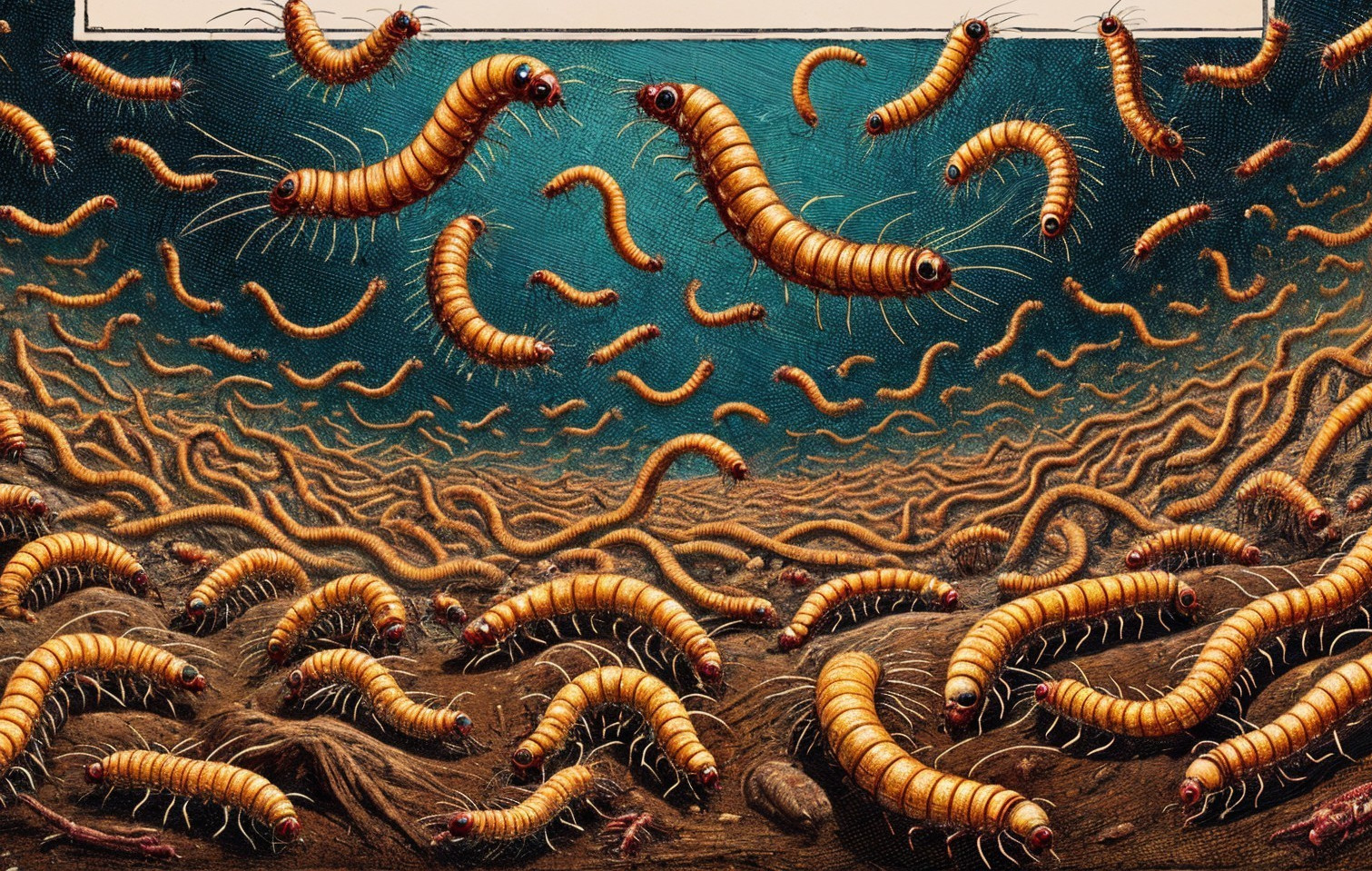 Surreal Scene with Orange and Brown Caterpillars