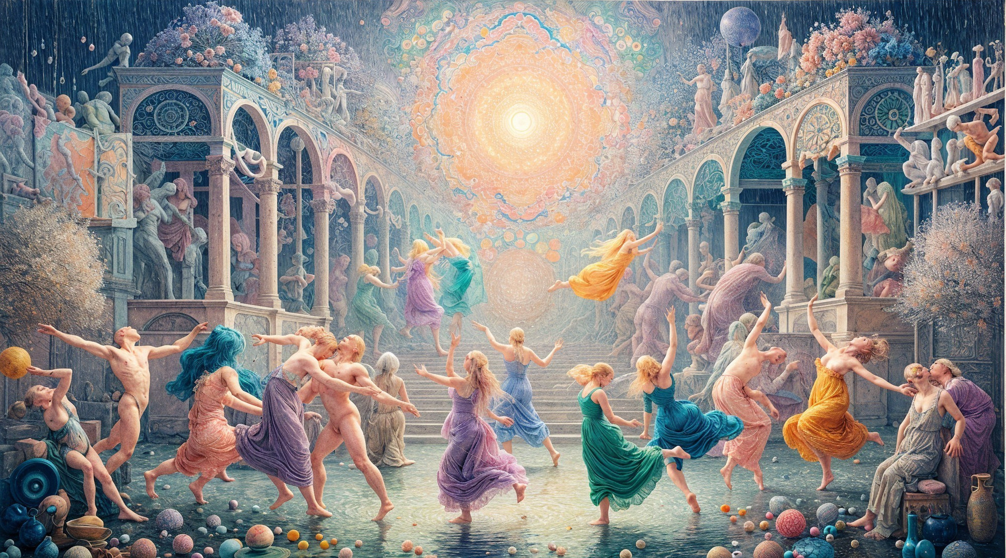 Vibrant Celestial Scene with Ethereal Figures and Colors