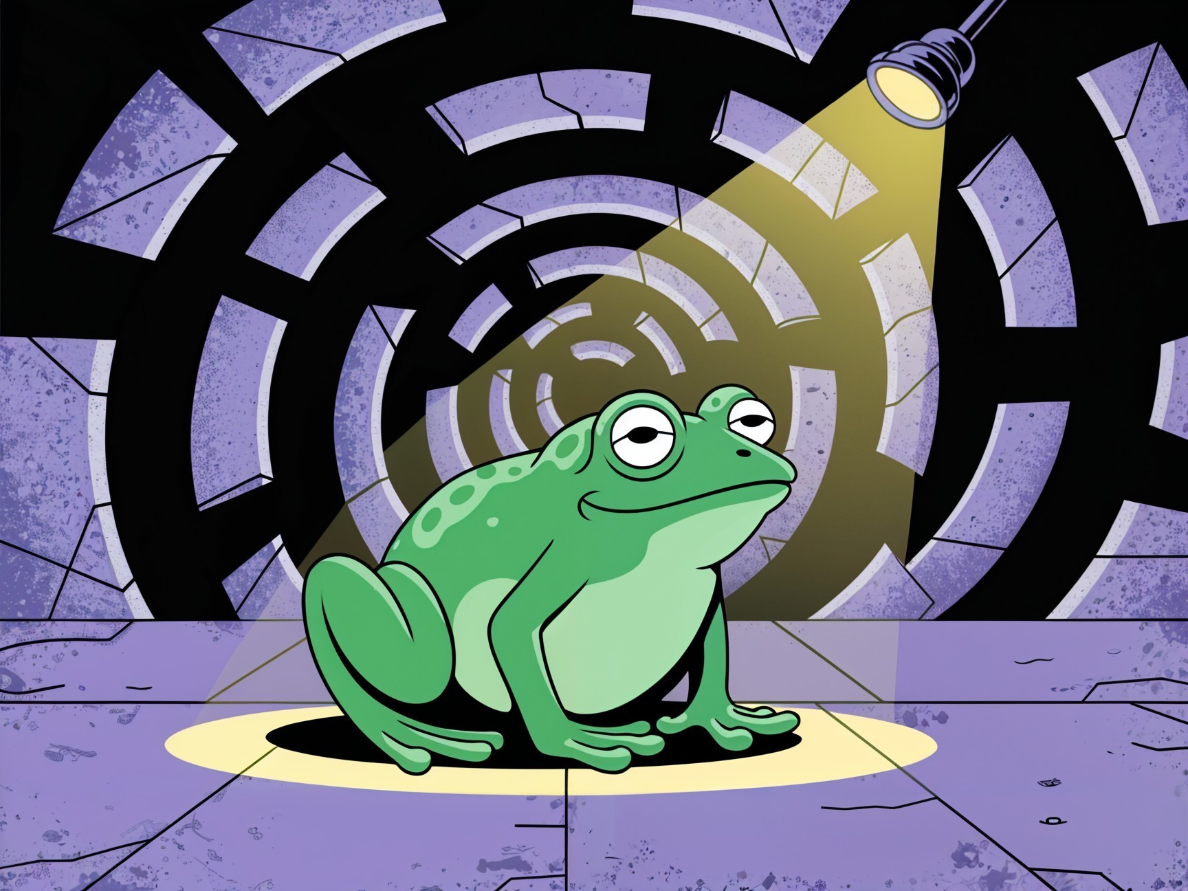 Cartoon Frog in Spotlight Within Dark Geometric Tunnel