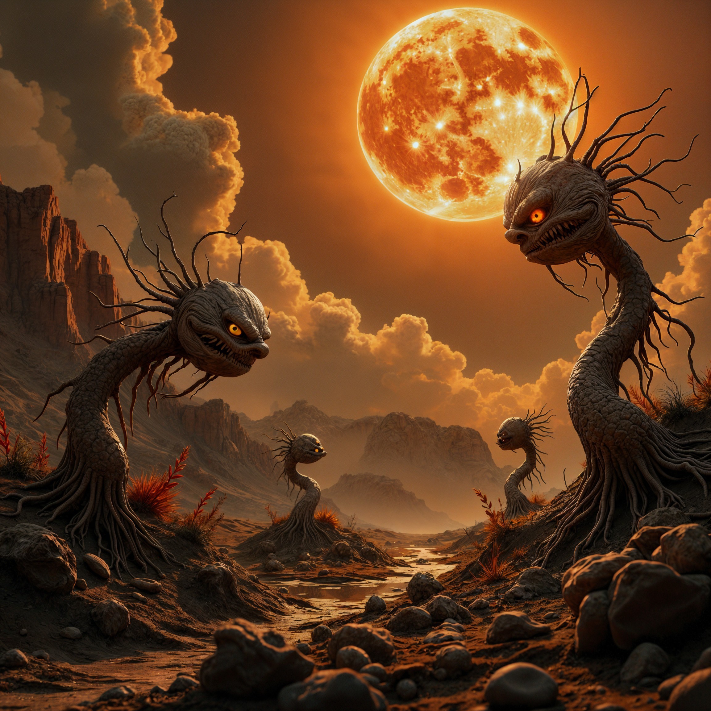 Surreal Landscape with Serpentine Creatures and Sun