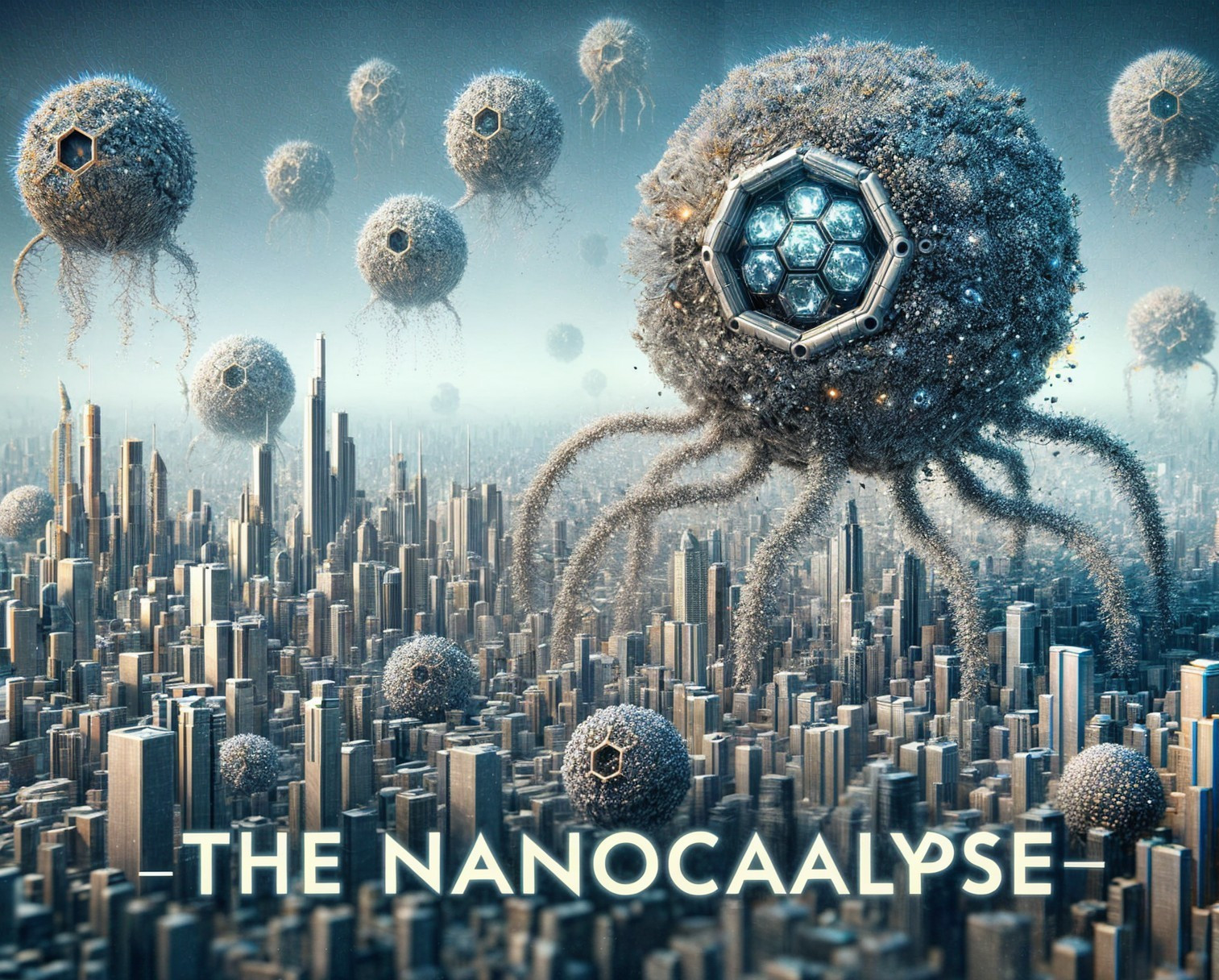 Futuristic cityscape with glowing jellyfish entities
