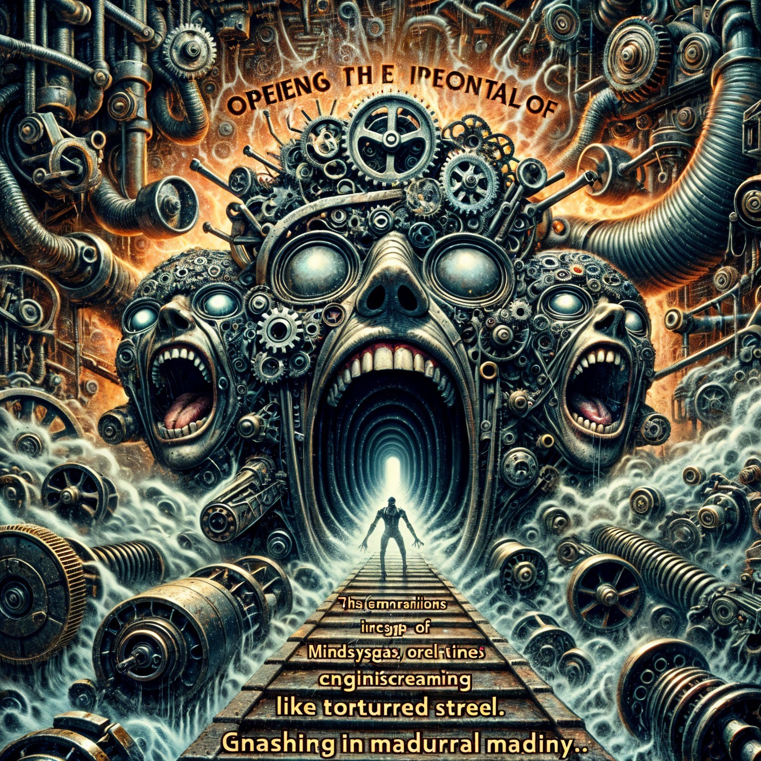 Surreal Landscape with Mechanical Elements and Faces