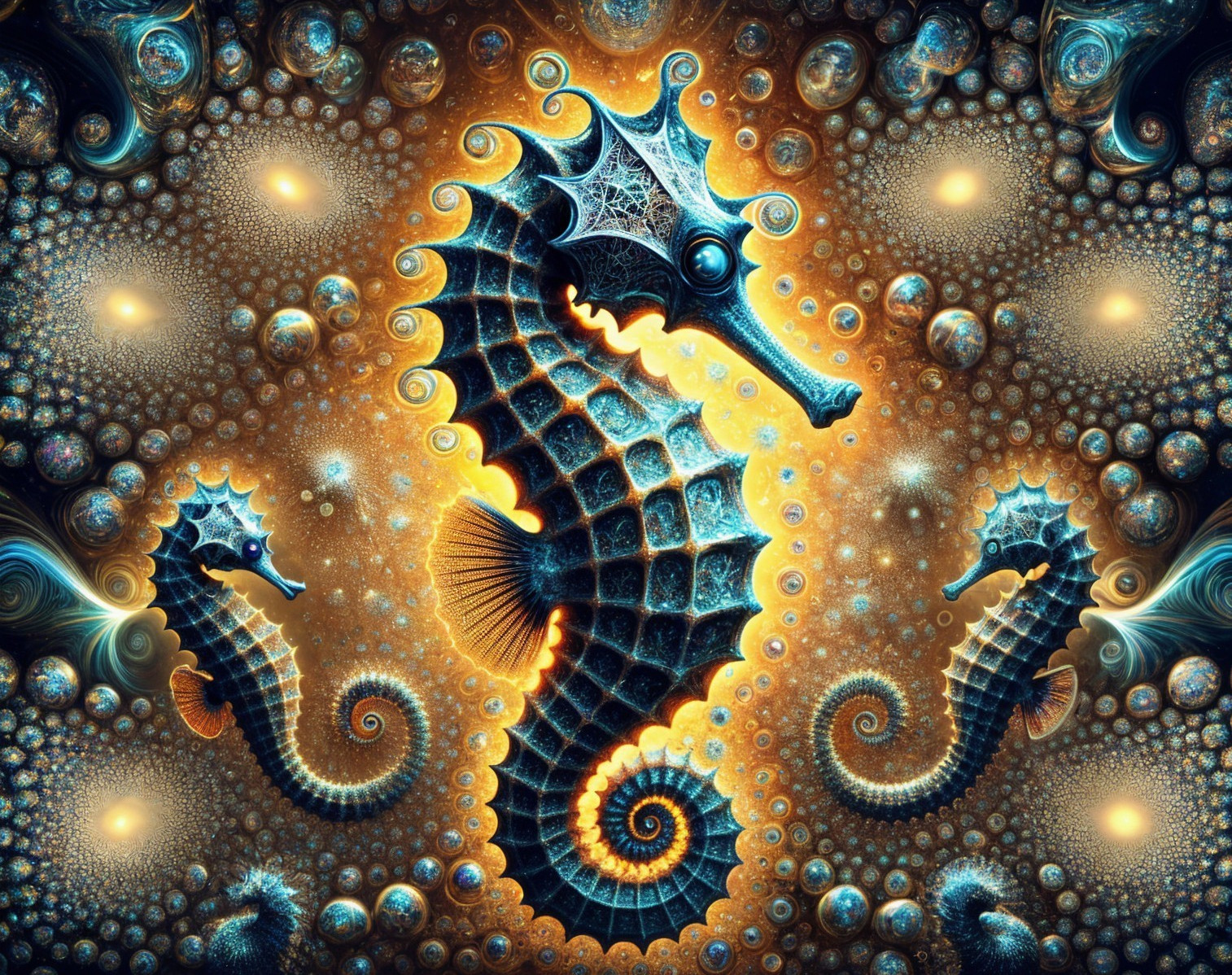 Underwater Scene with Vibrant Seahorses and Bubbles