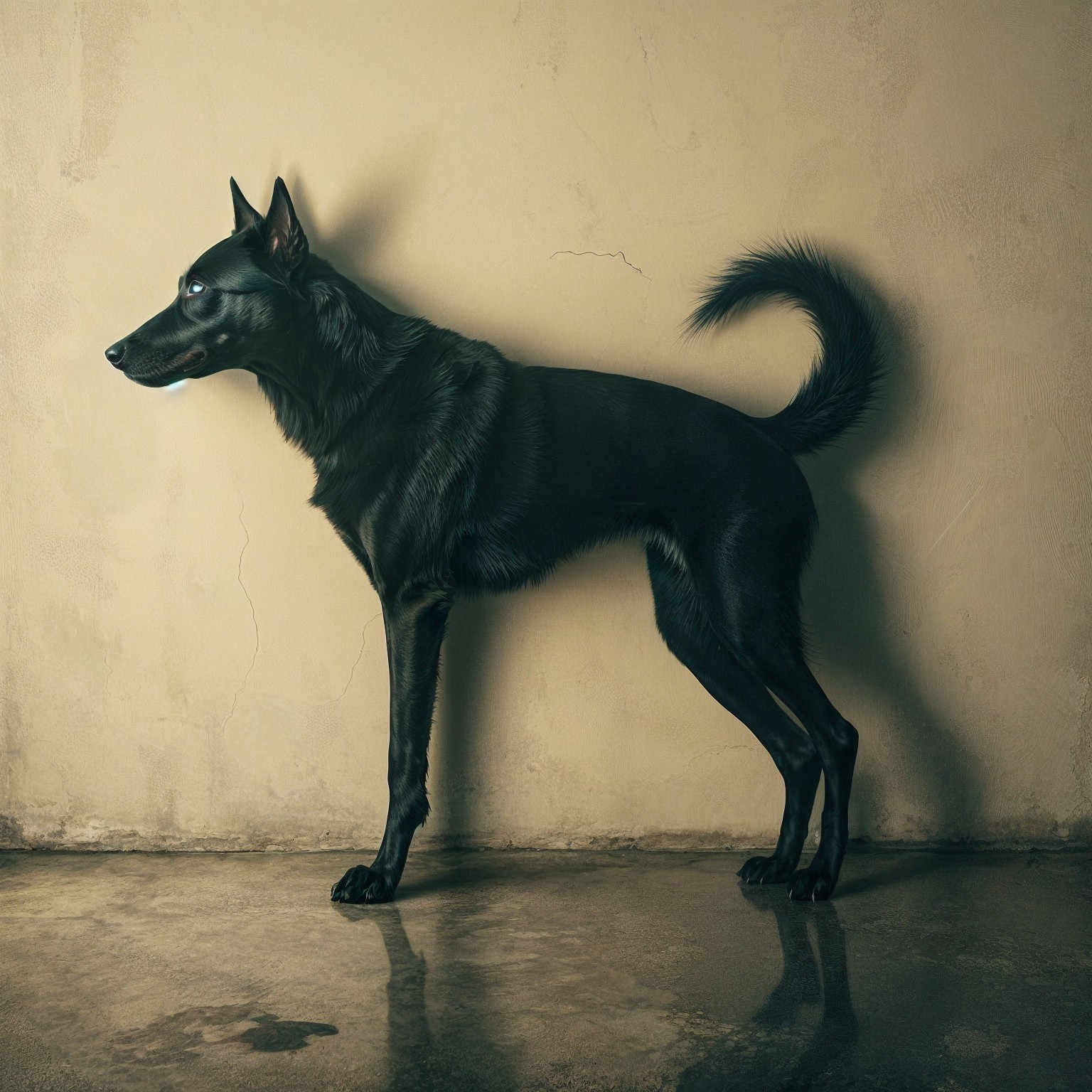 Black Dog in Profile Against Textured Beige Wall
