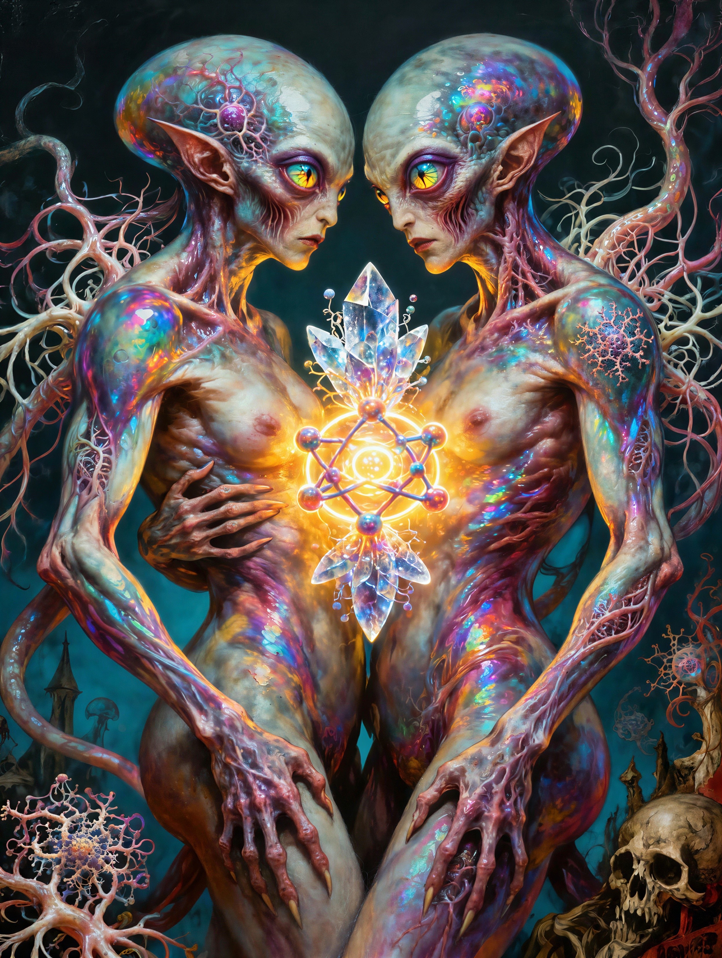 Androgynous Beings in Bioluminescent Embrace