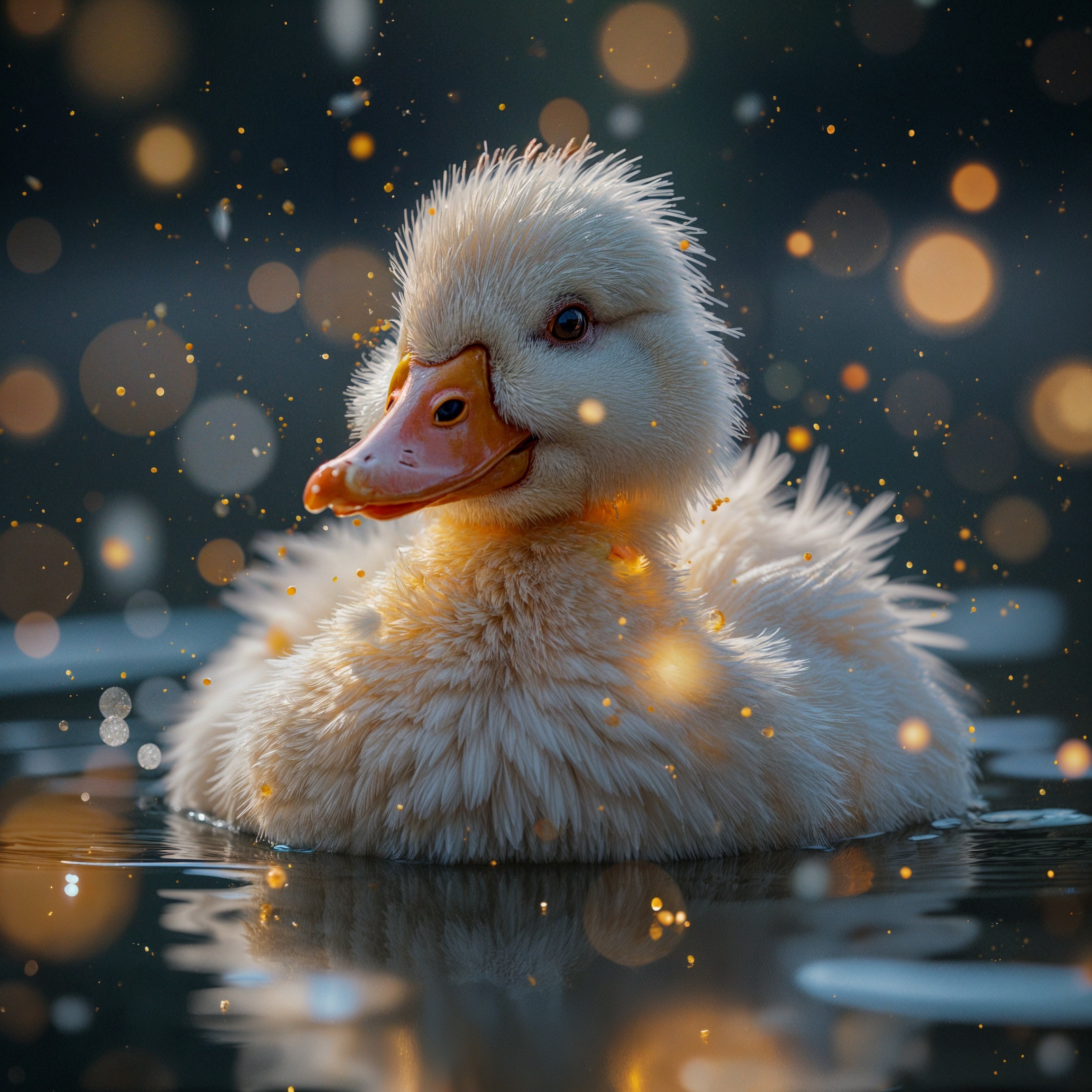 Fluffy Duckling on Shimmering Water with Bokeh Lights