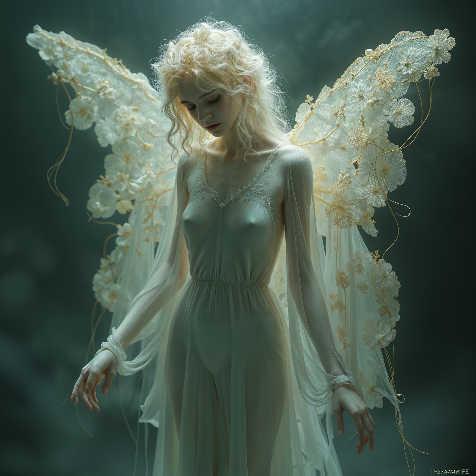 Ethereal figure with wings and flowing gown in soft light