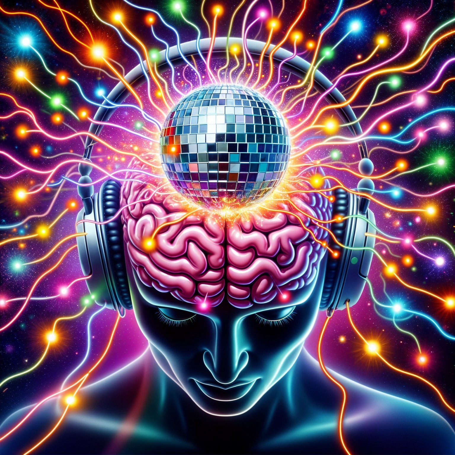 Surreal Brain with Colorful Light Trails and Disco Ball