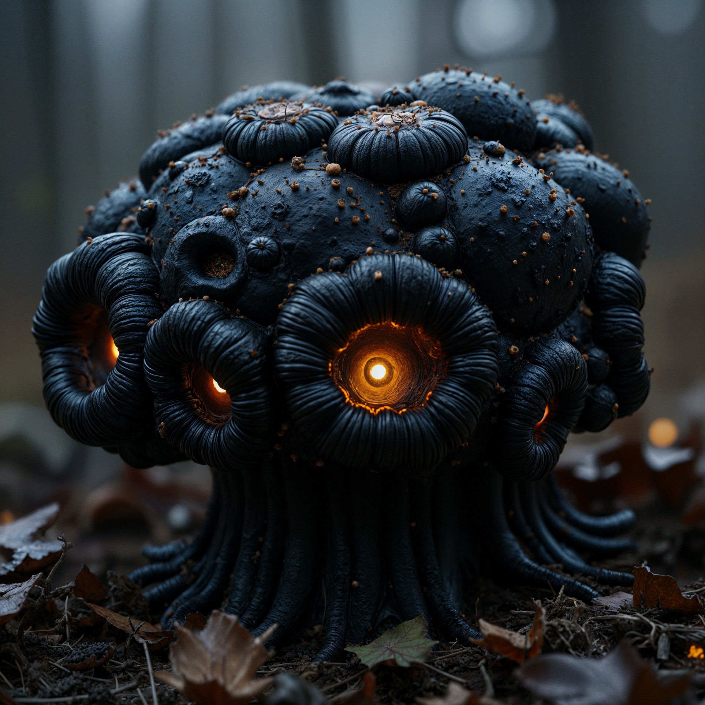 Mysterious Mushroom Cluster in a Dim Forest Setting