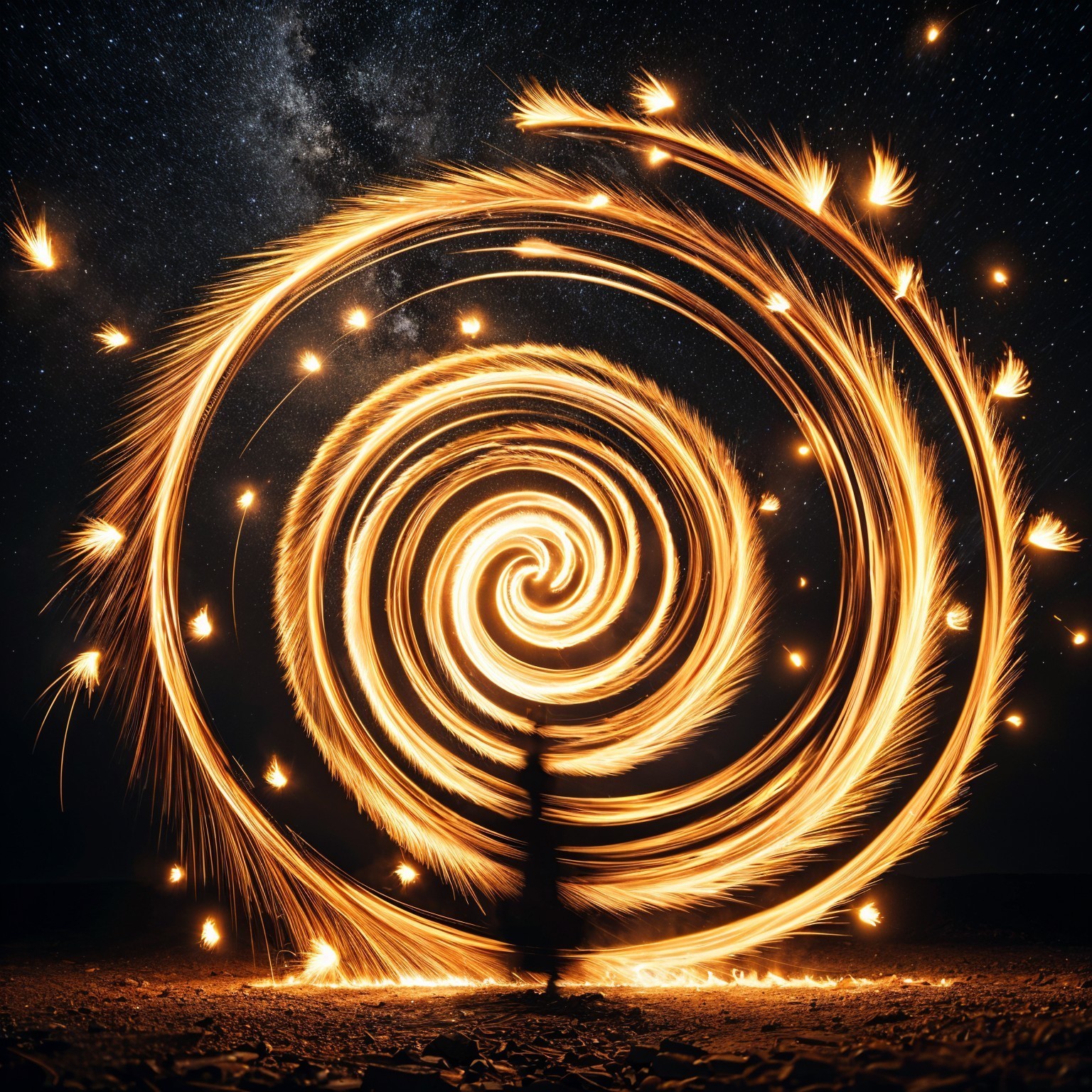 Night Scene of Golden Sparks in Starry Sky