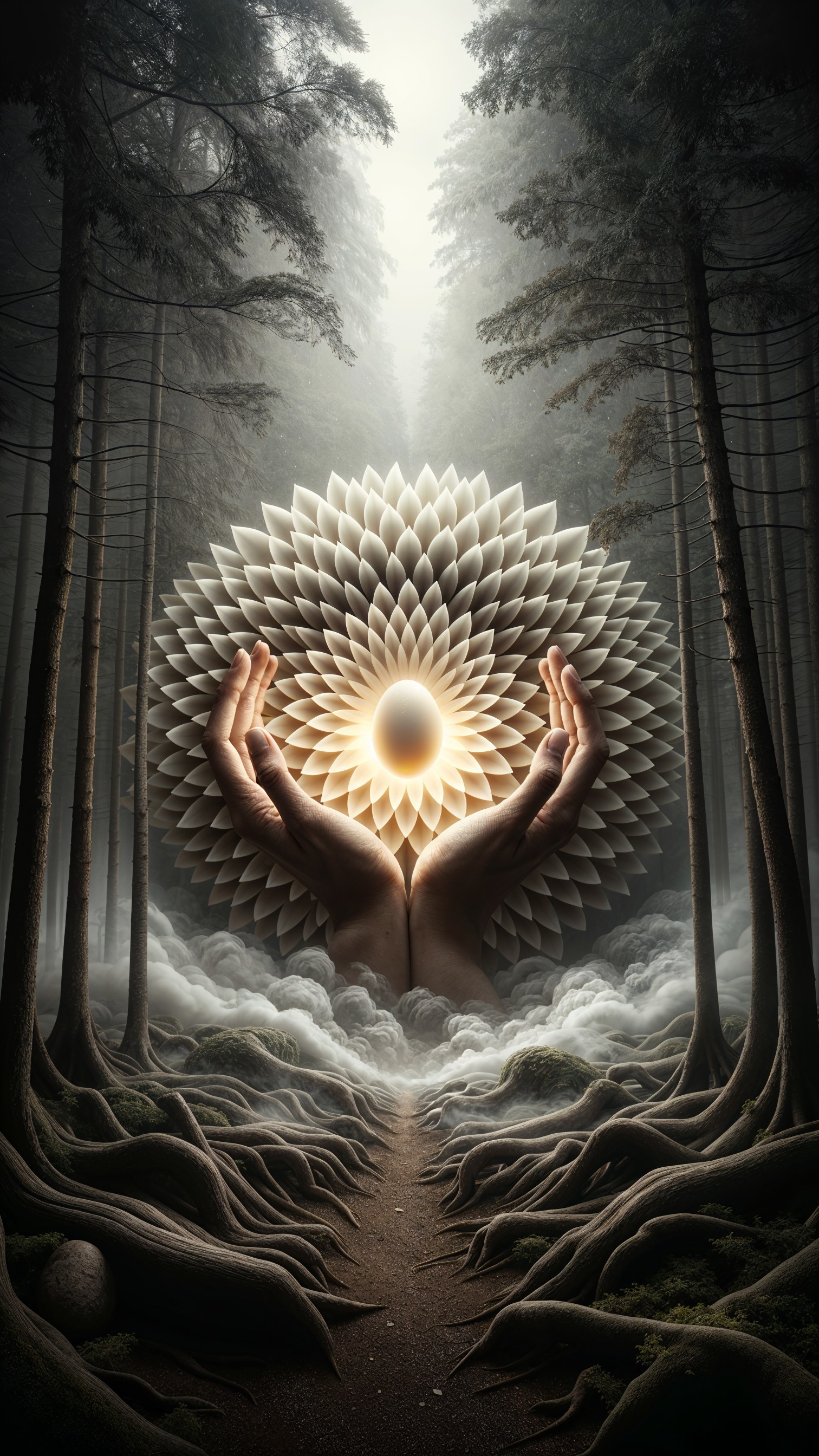 Mystical Forest with Radiant Flower-Shaped Light
