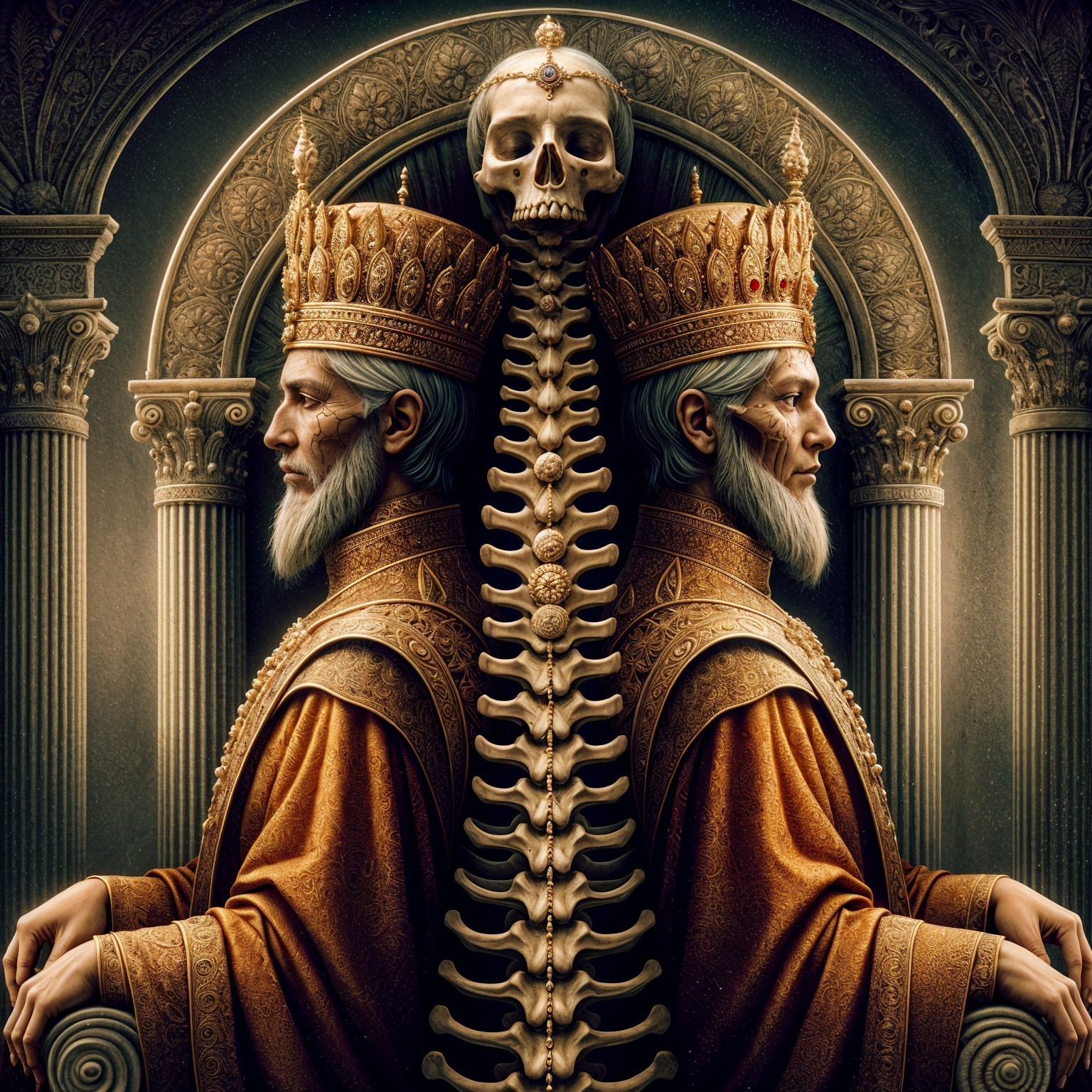 Regal Figures with Crown and Skeleton Spine Backdrop