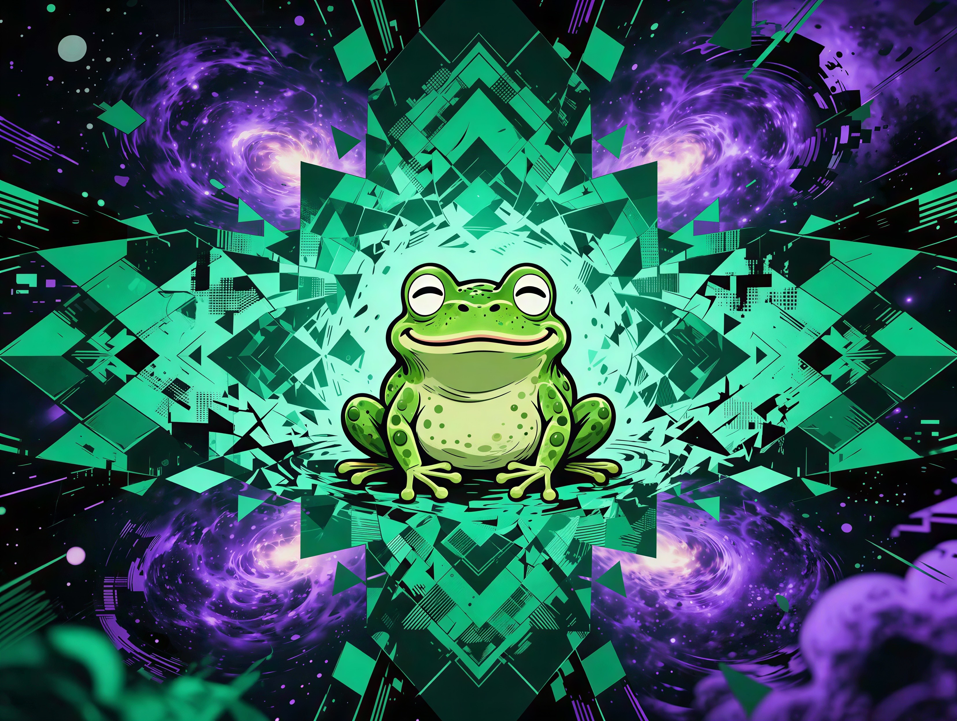 Bright Green Cartoon Frog on Geometric Kaleidoscope Background