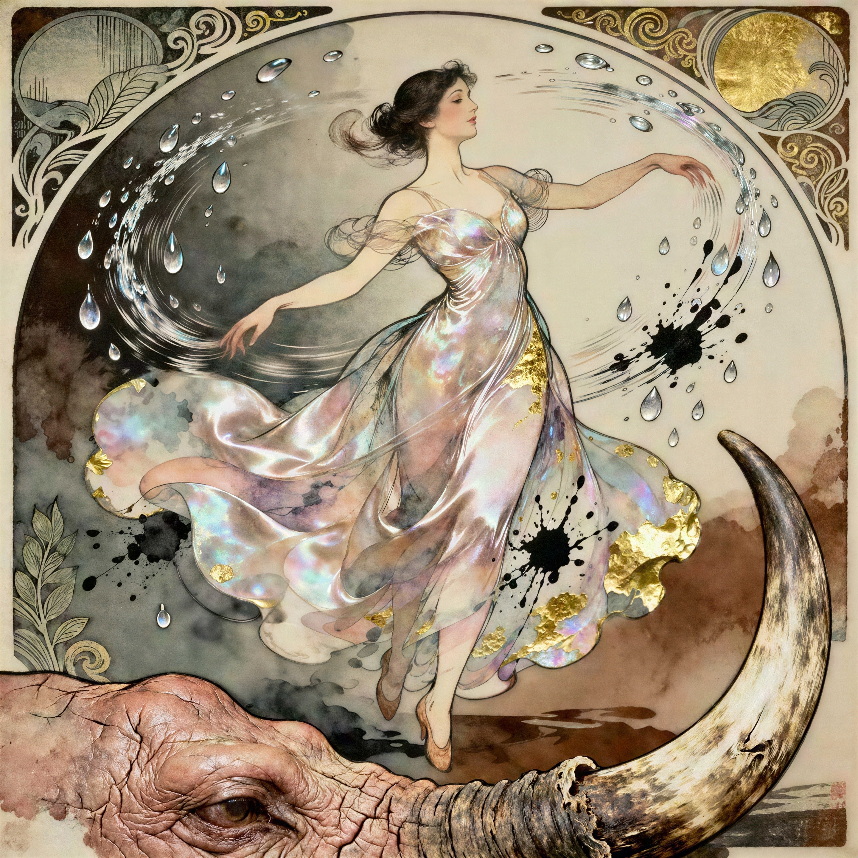 Art Nouveau Painting of Woman and Elephant with Elements