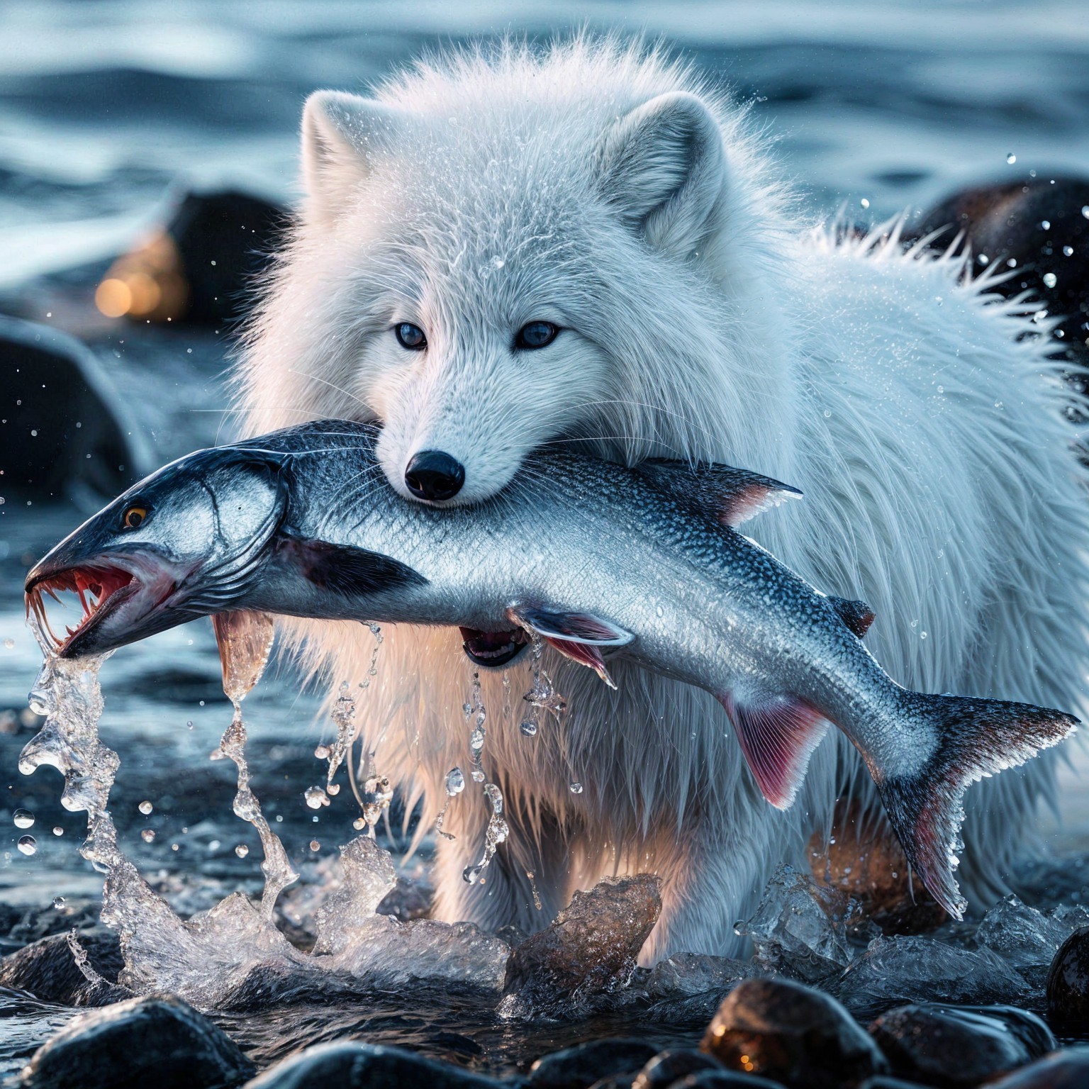 White wolf with fish in stream surrounded by nature