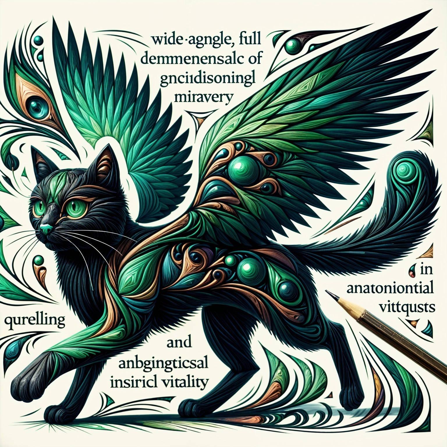 Mythical Black Cat with Teal Wings and Ornamental Details
