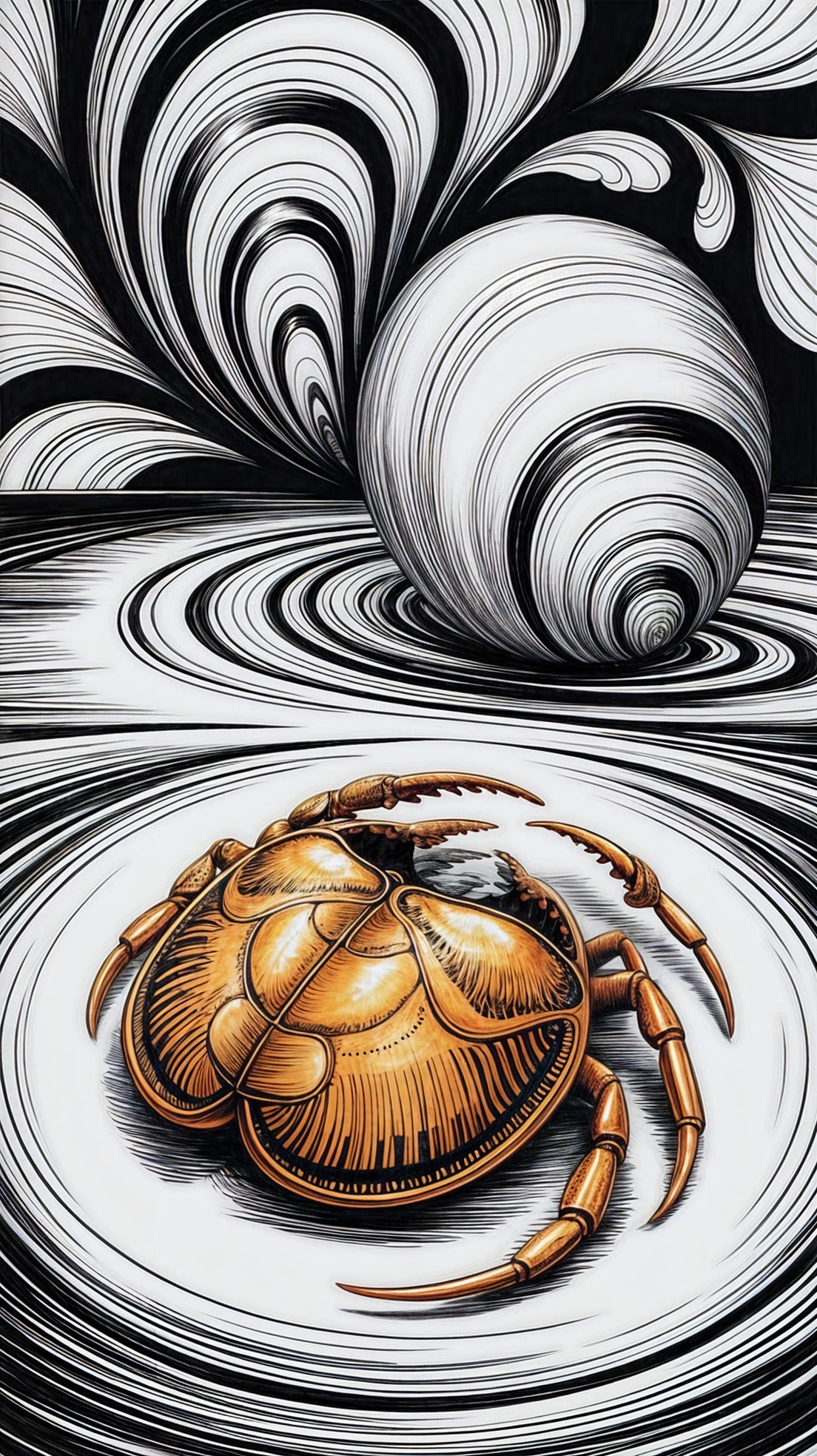 Illustration of a golden crab with abstract shell background