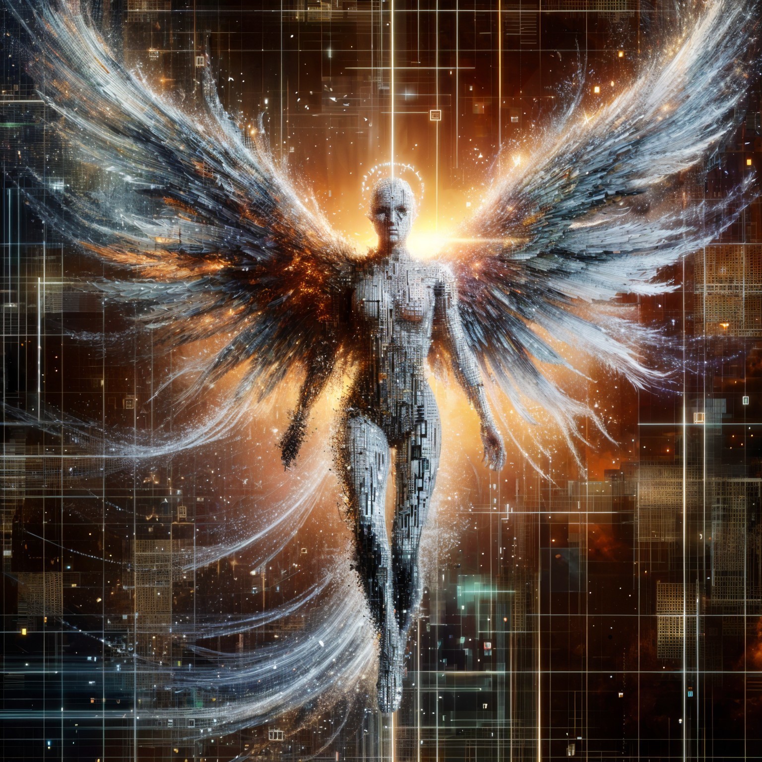 Humanoid Figure with Pixelated Skin and Wings