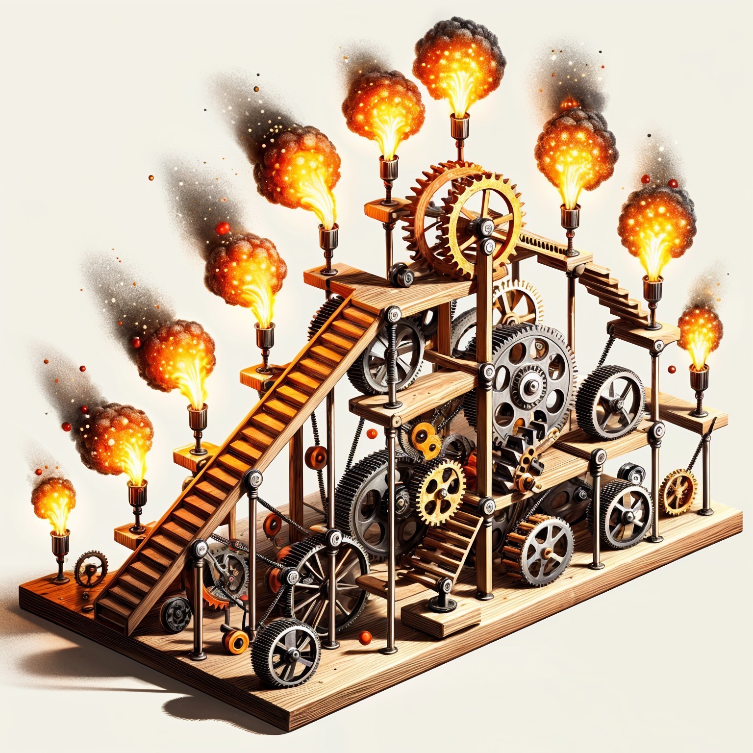 Intricate Wooden and Metal Machine with Gears and Flames