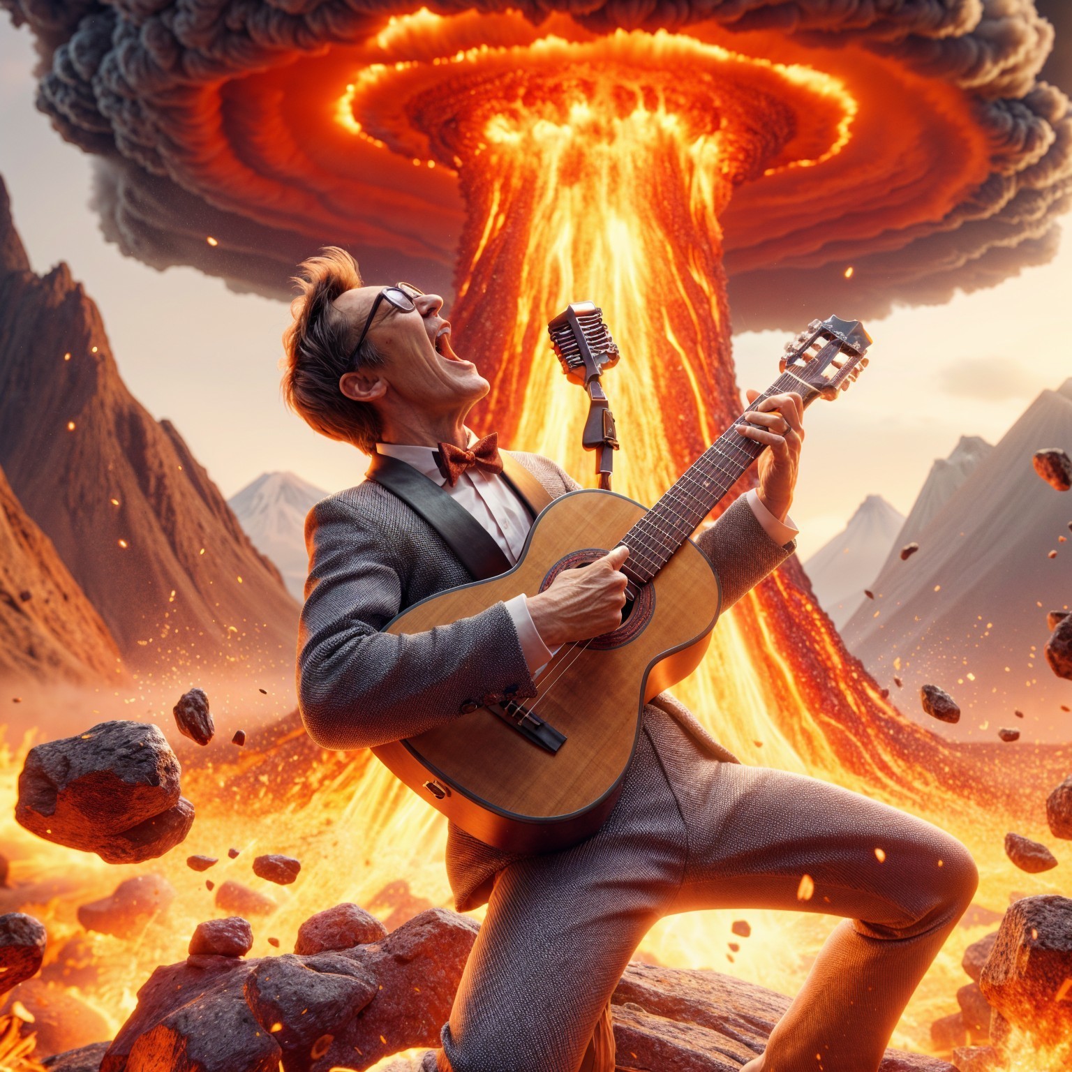 Man in Suit Plays Guitar Amid Volcanic Eruption