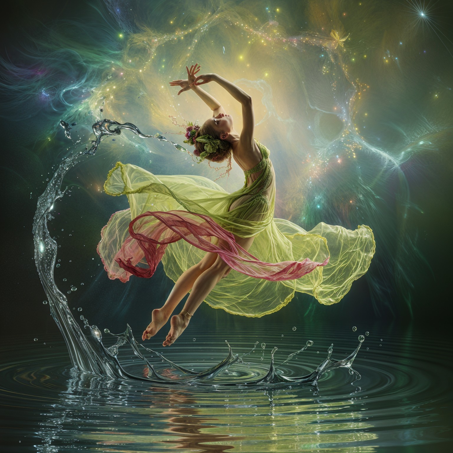 Dancer in Ethereal Dress Against Cosmic Backdrop