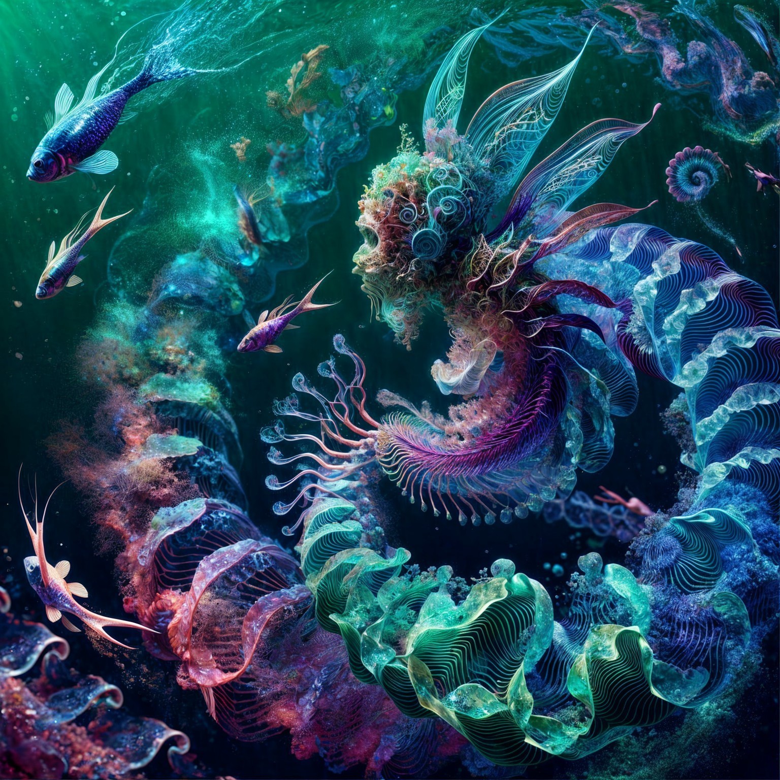 Vibrant Ethereal Underwater Scene with Mythical Figure