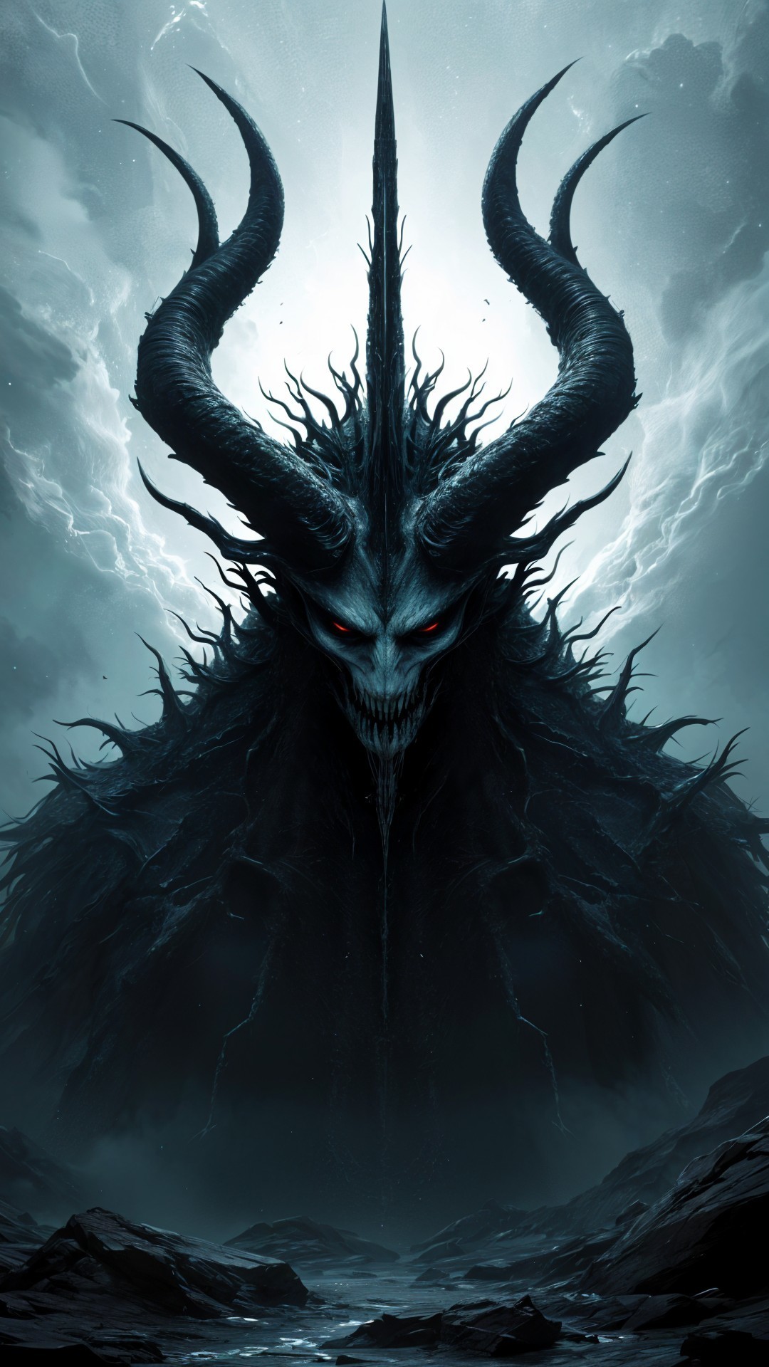 Dark Figure with Horns in Stormy Landscape