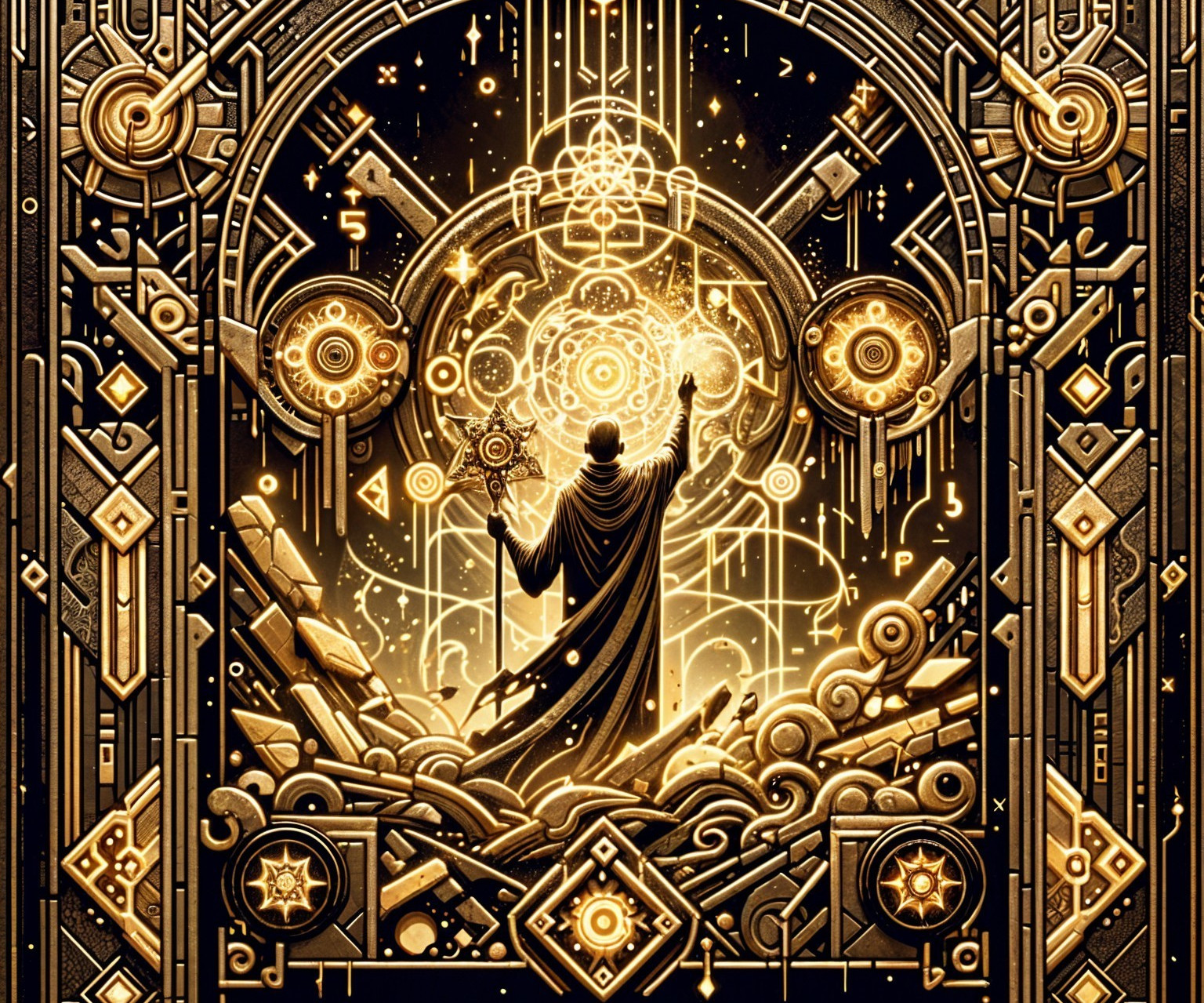 Mystical Figure Amid Swirling Stars and Geometric Patterns