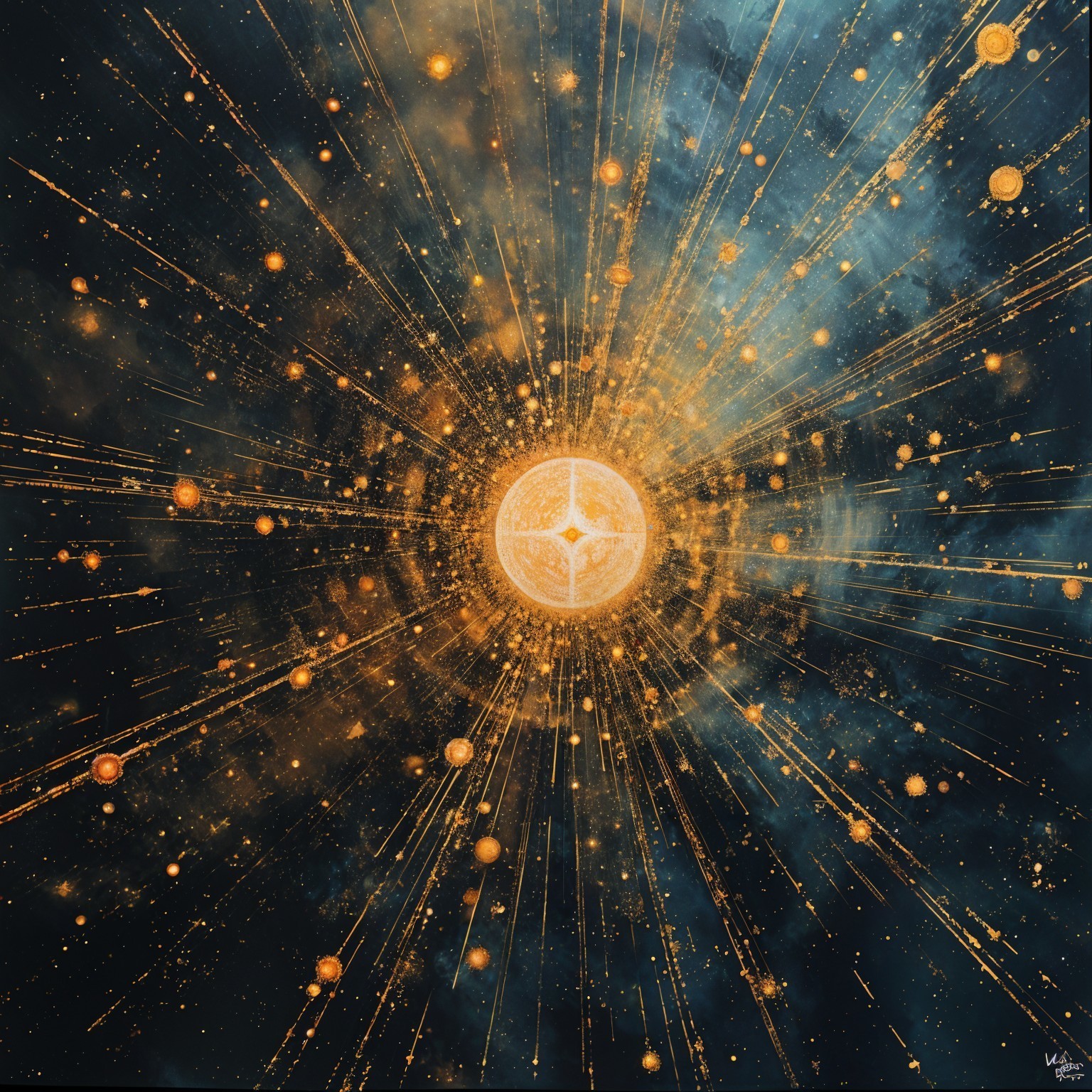 Golden Light Burst Against Cosmic Blue and Black Background