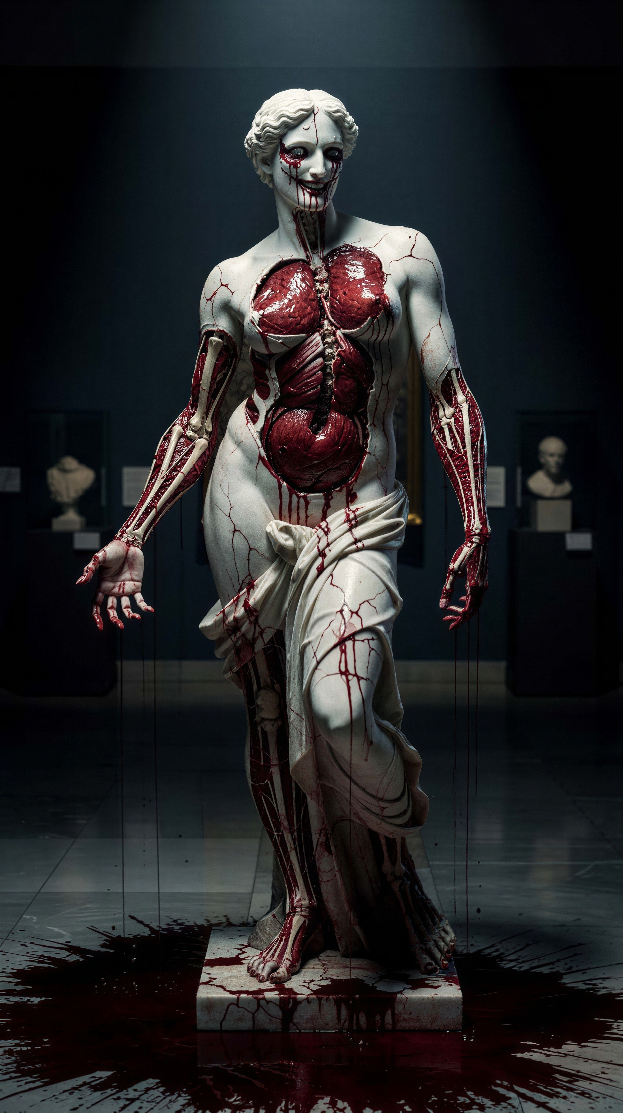 Horror-themed anatomical sculpture with exposed muscles
