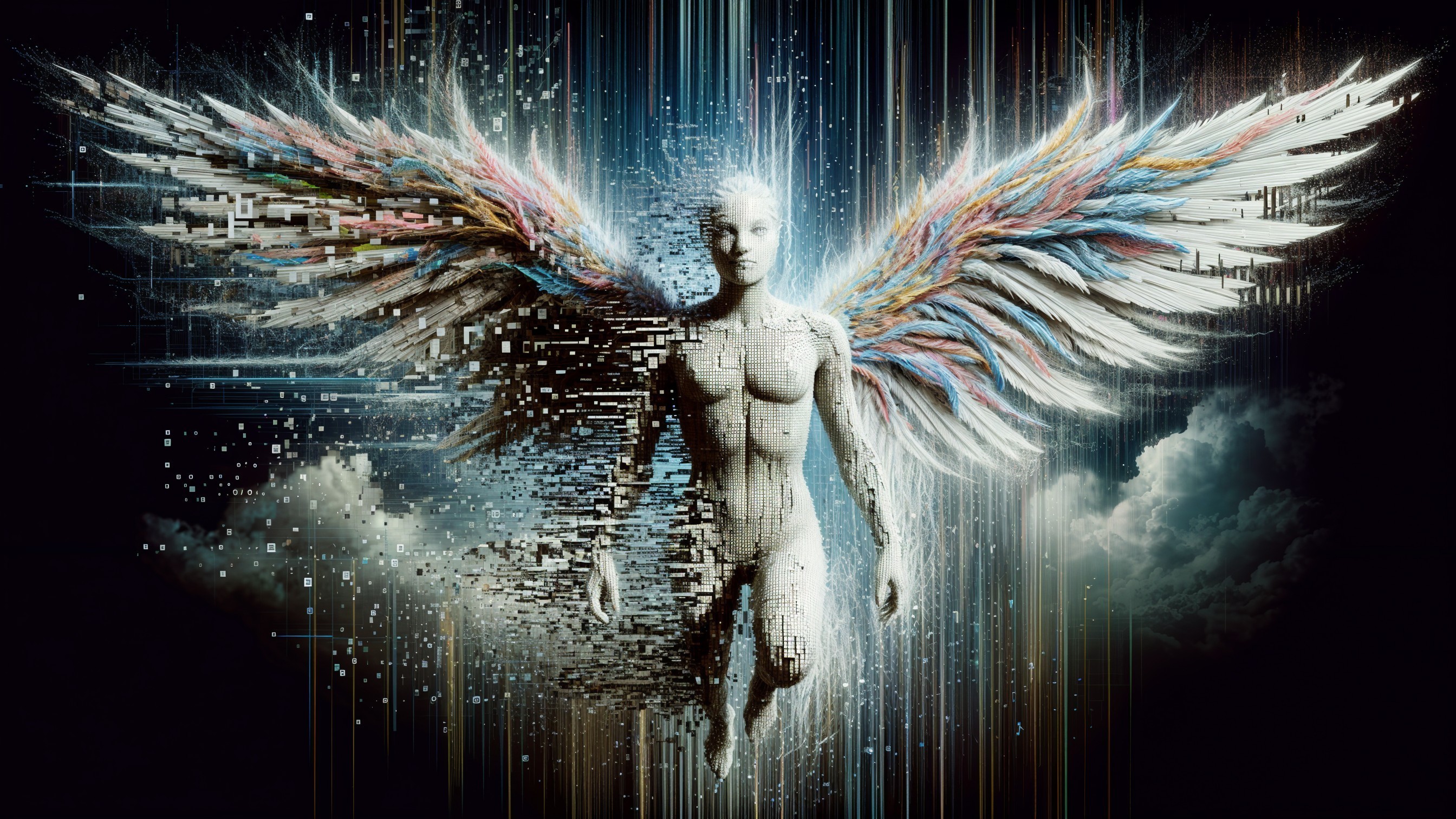 Ethereal Figure with Multicolored Digital Wings