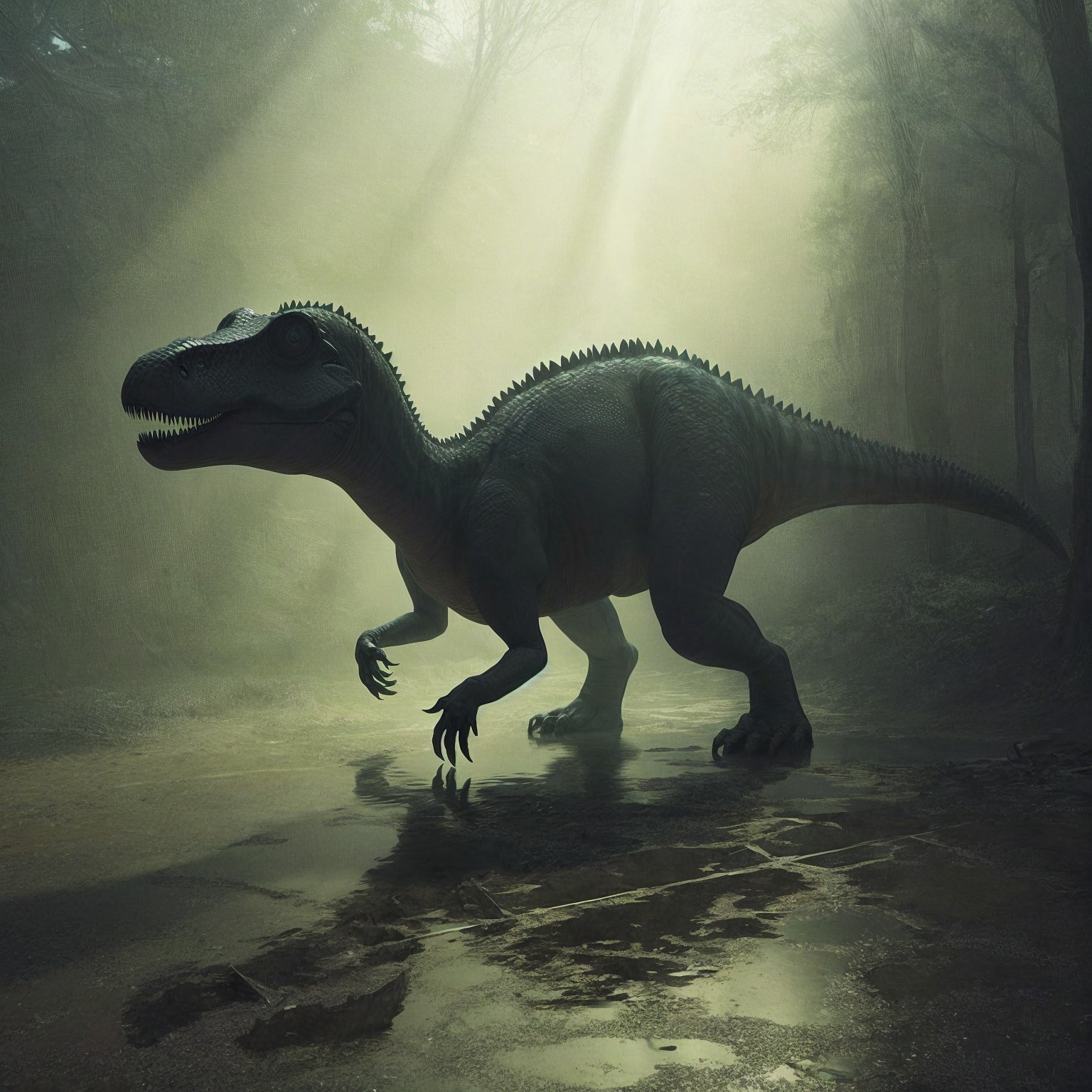 Dinosaur-like Creature in Misty Forest Setting