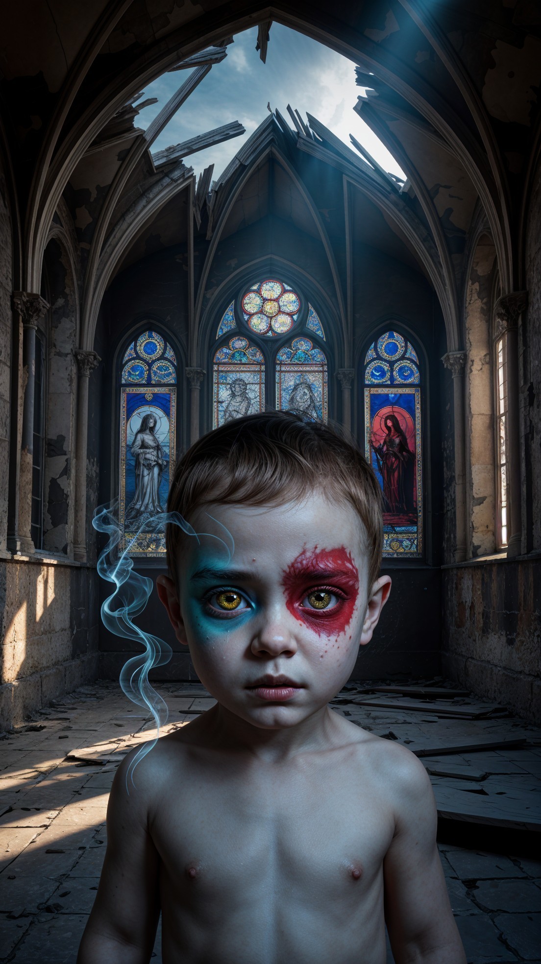 Child in Dilapidated Church with Painted Body and Stained Glass
