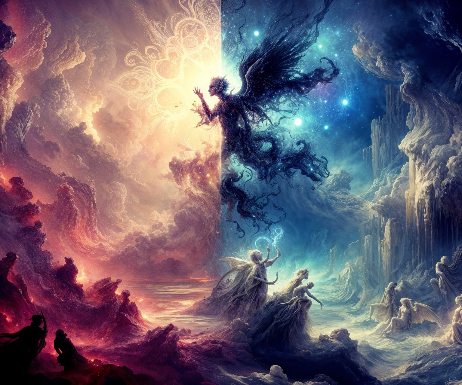 Surreal Cosmic Landscape with Light and Darkness Elements