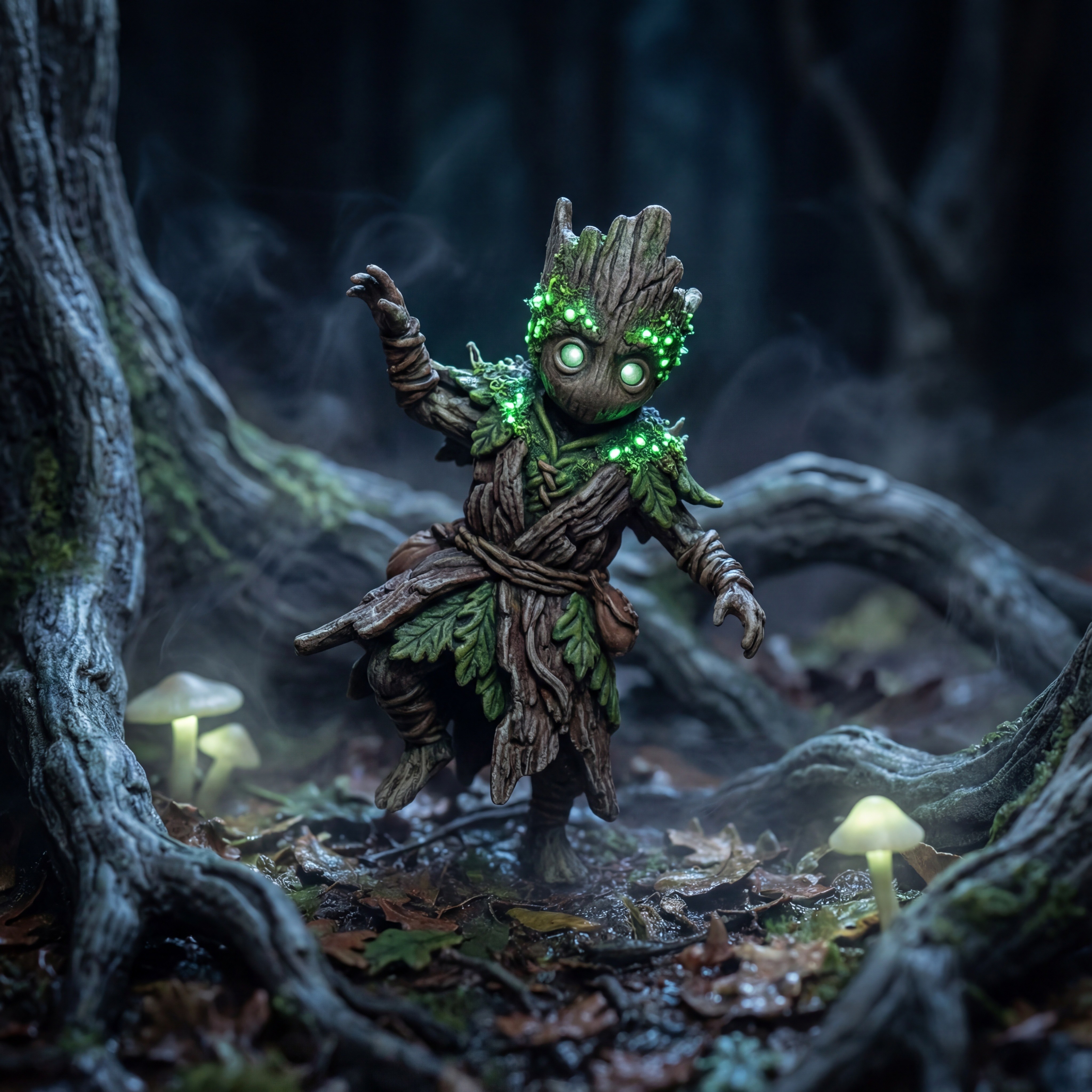 Whimsical Child-like Figure in a Dark Forest Setting