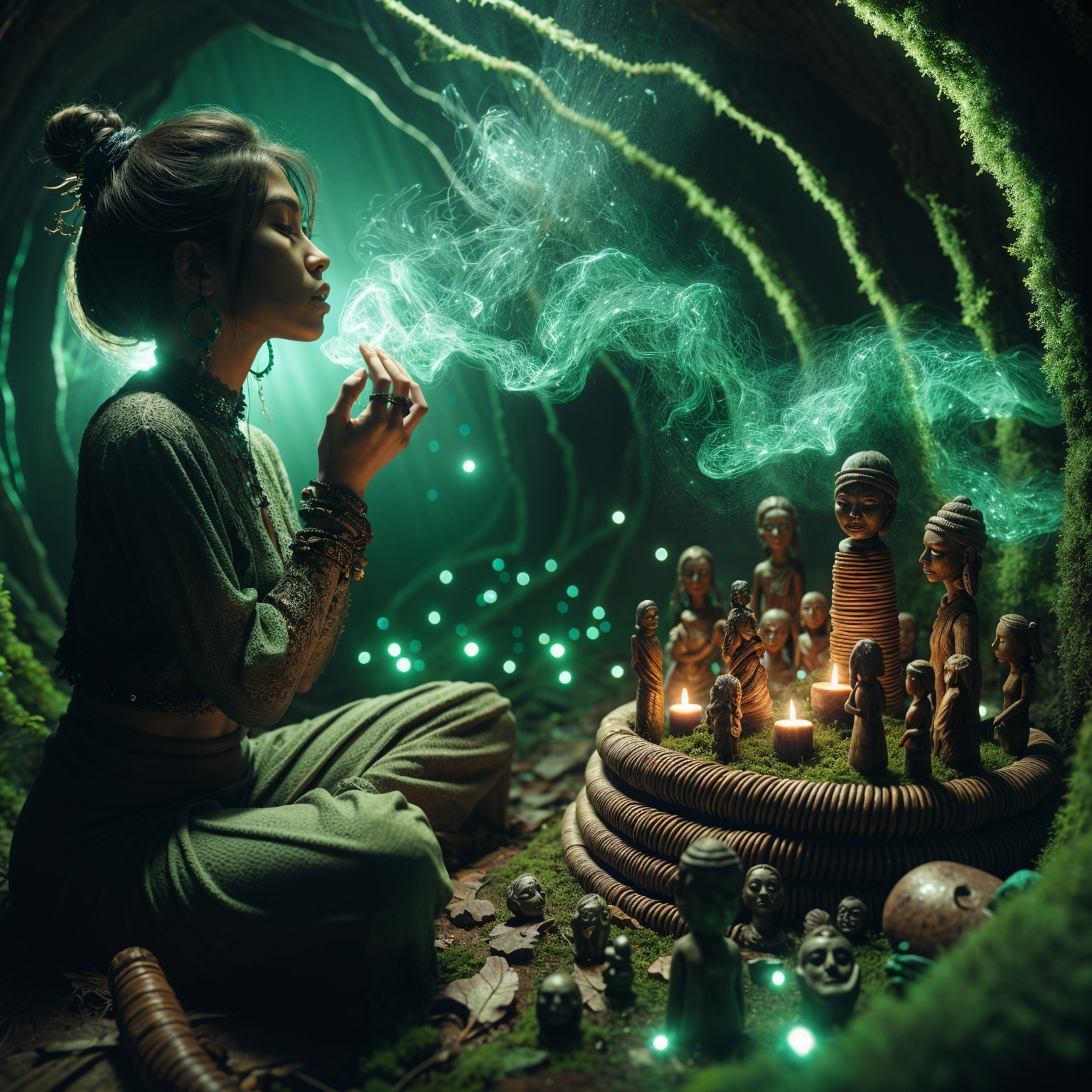 Mystical Underground Scene with Woman and Figurines