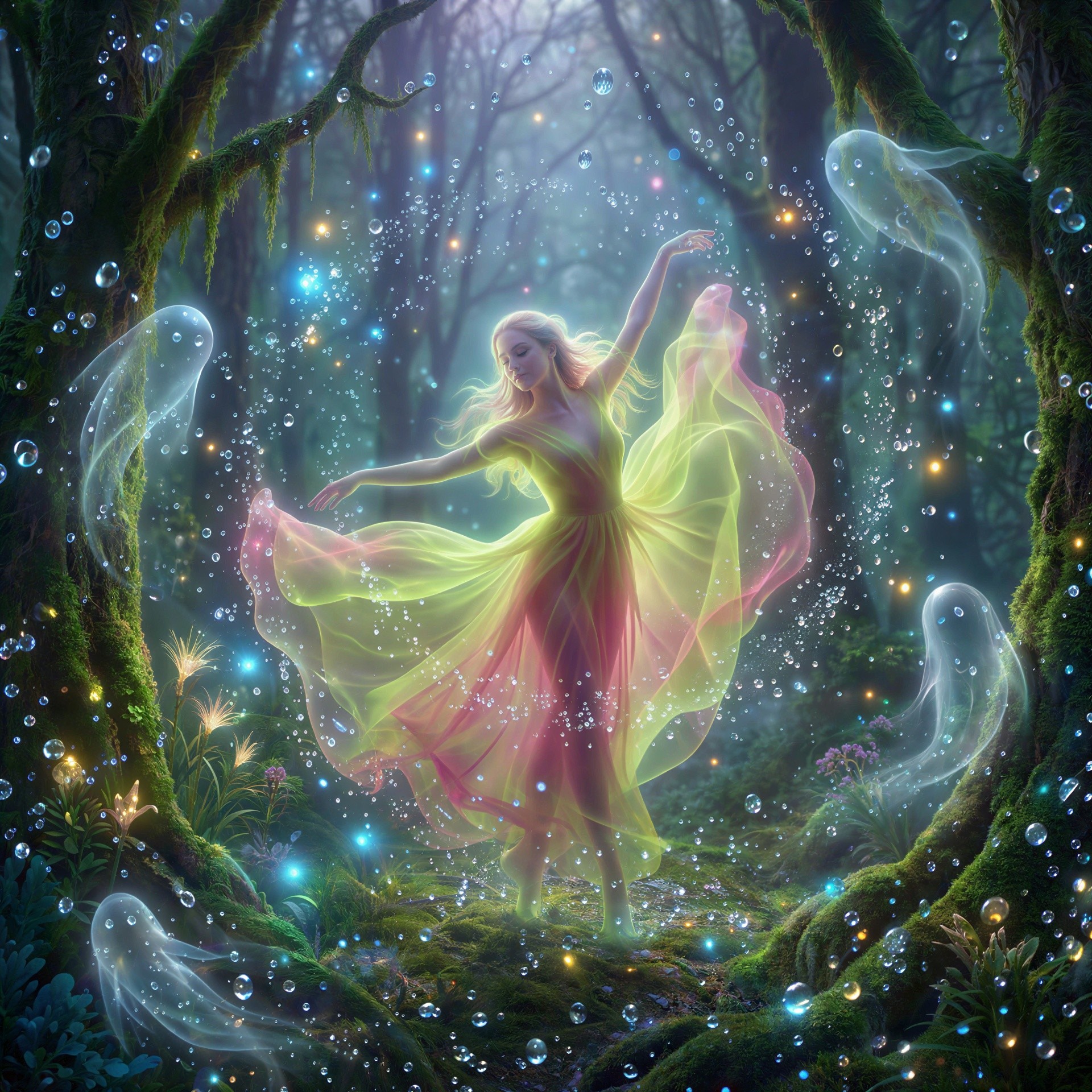 Blonde Woman in Diaphanous Gown Dancing in Enchanted Forest