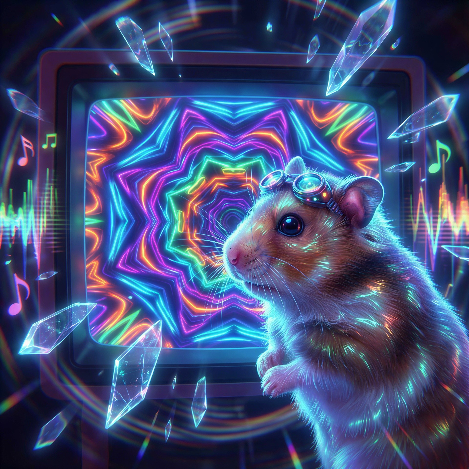 Fluffy Hamster with Goggles and Neon TV Background