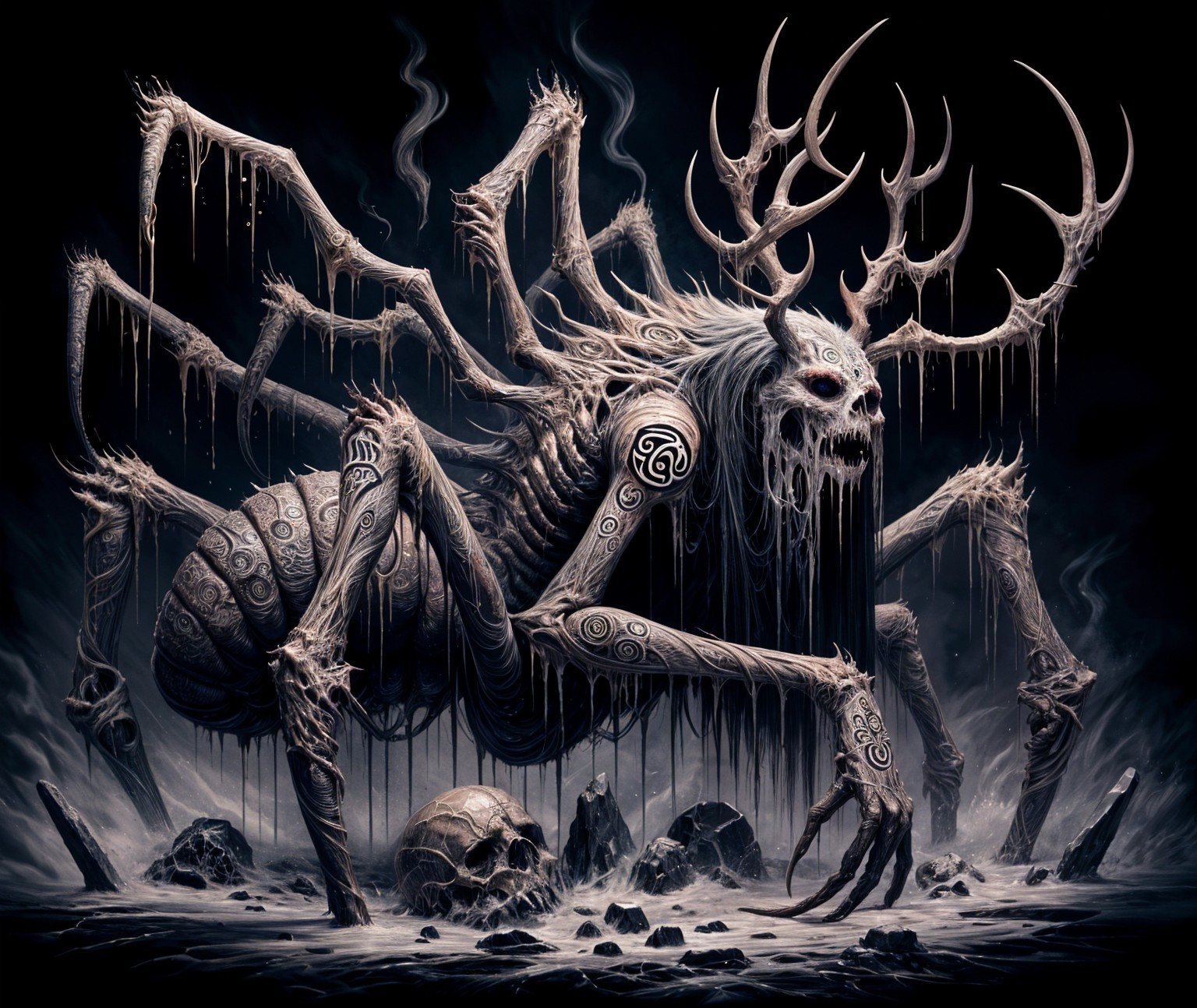 Skeletal Creature with Spider Legs and Antlers