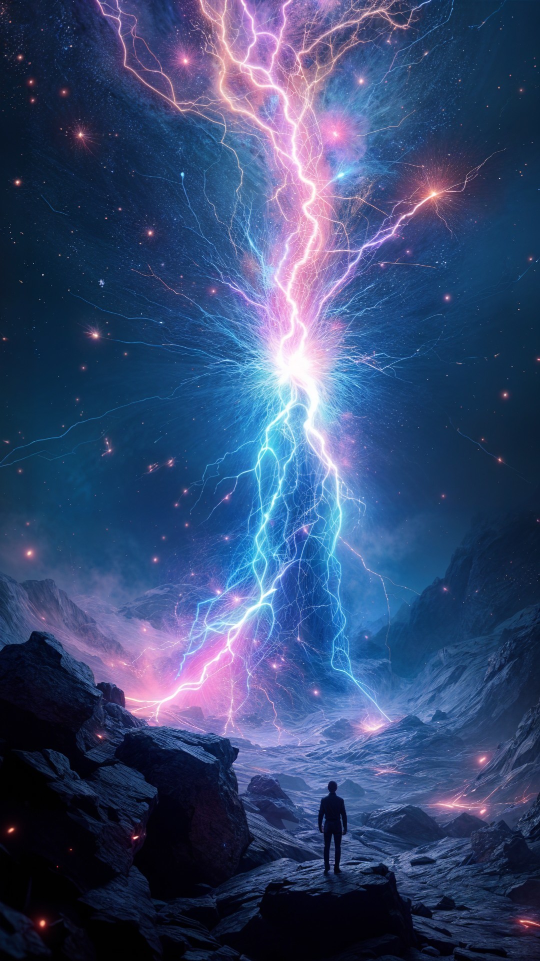 Cosmic Landscape with Electric Blue and Purple Lightning