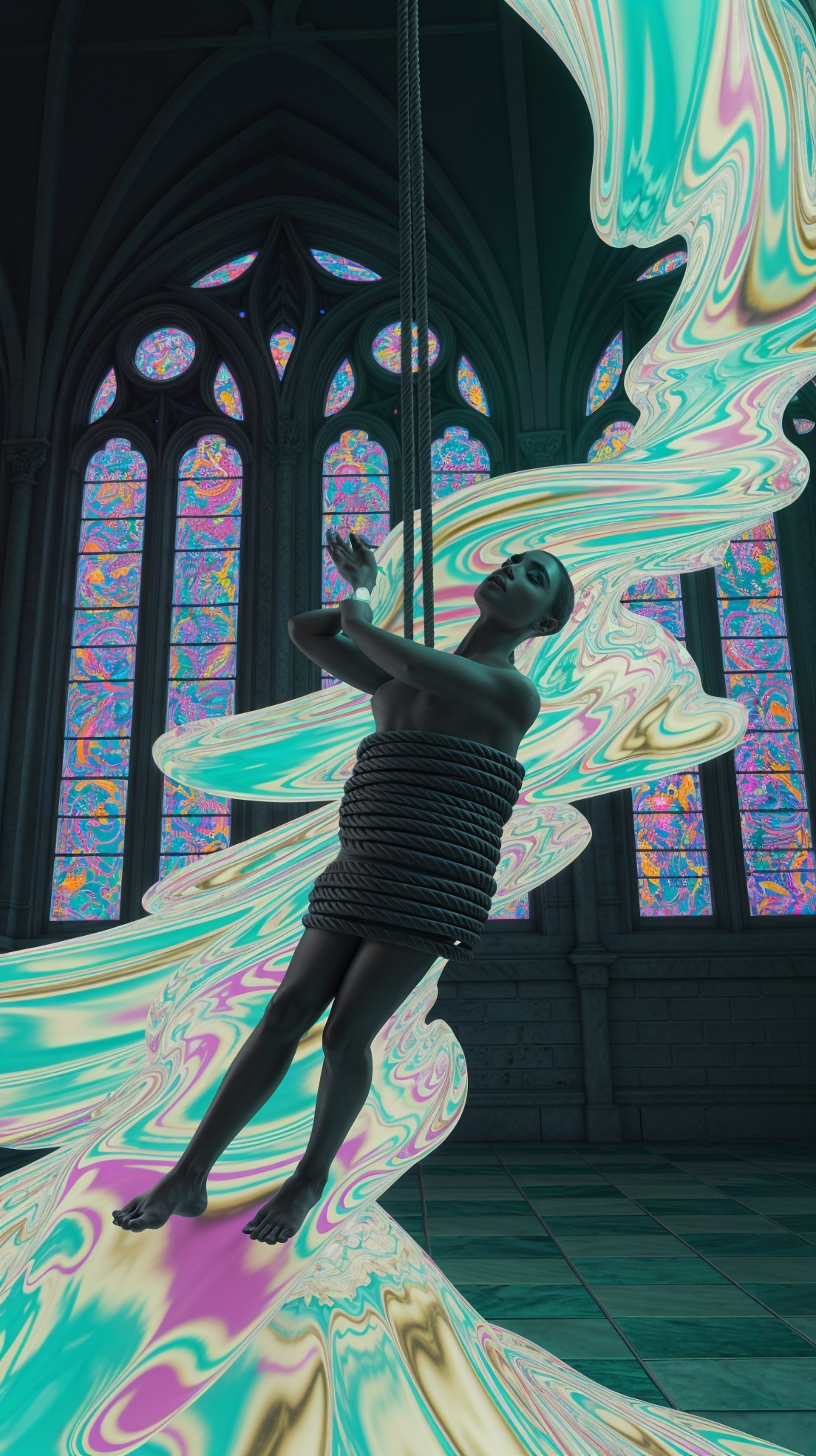 Suspended Figure in Gothic Cathedral with Stained Glass