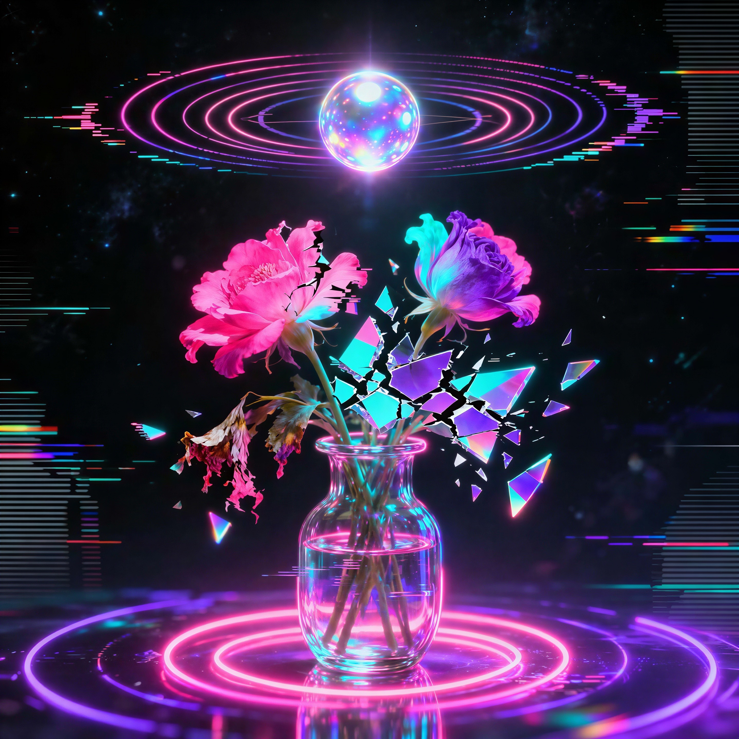 Neon Futuristic Still Life with Roses and Glass Vase