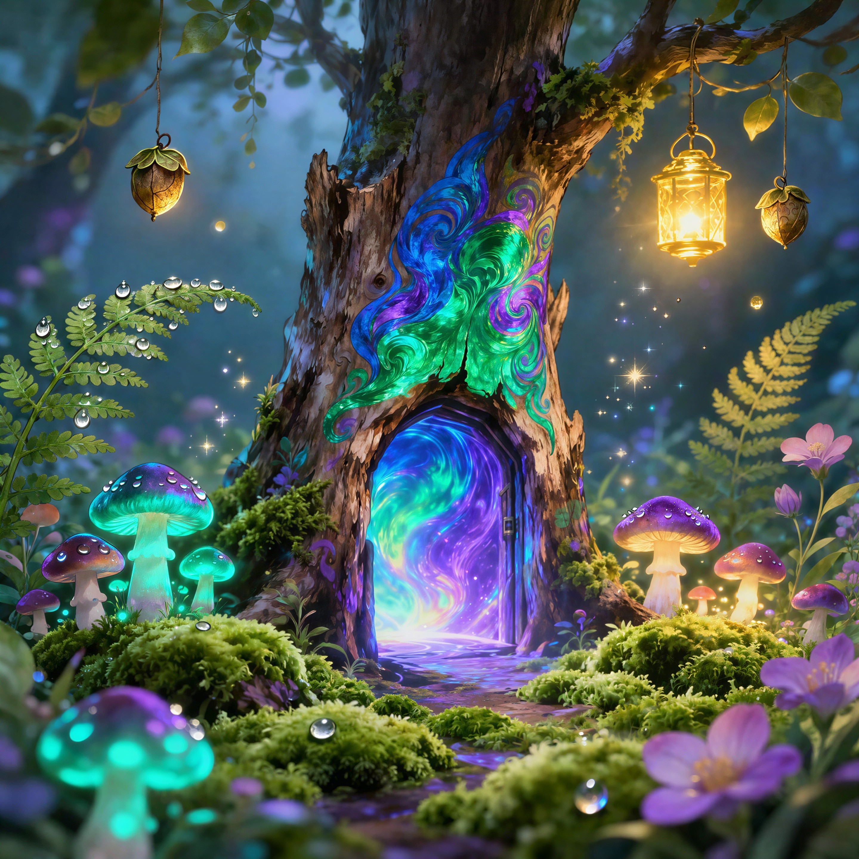 Fantasy Forest with Magical Tree and Glowing Portal