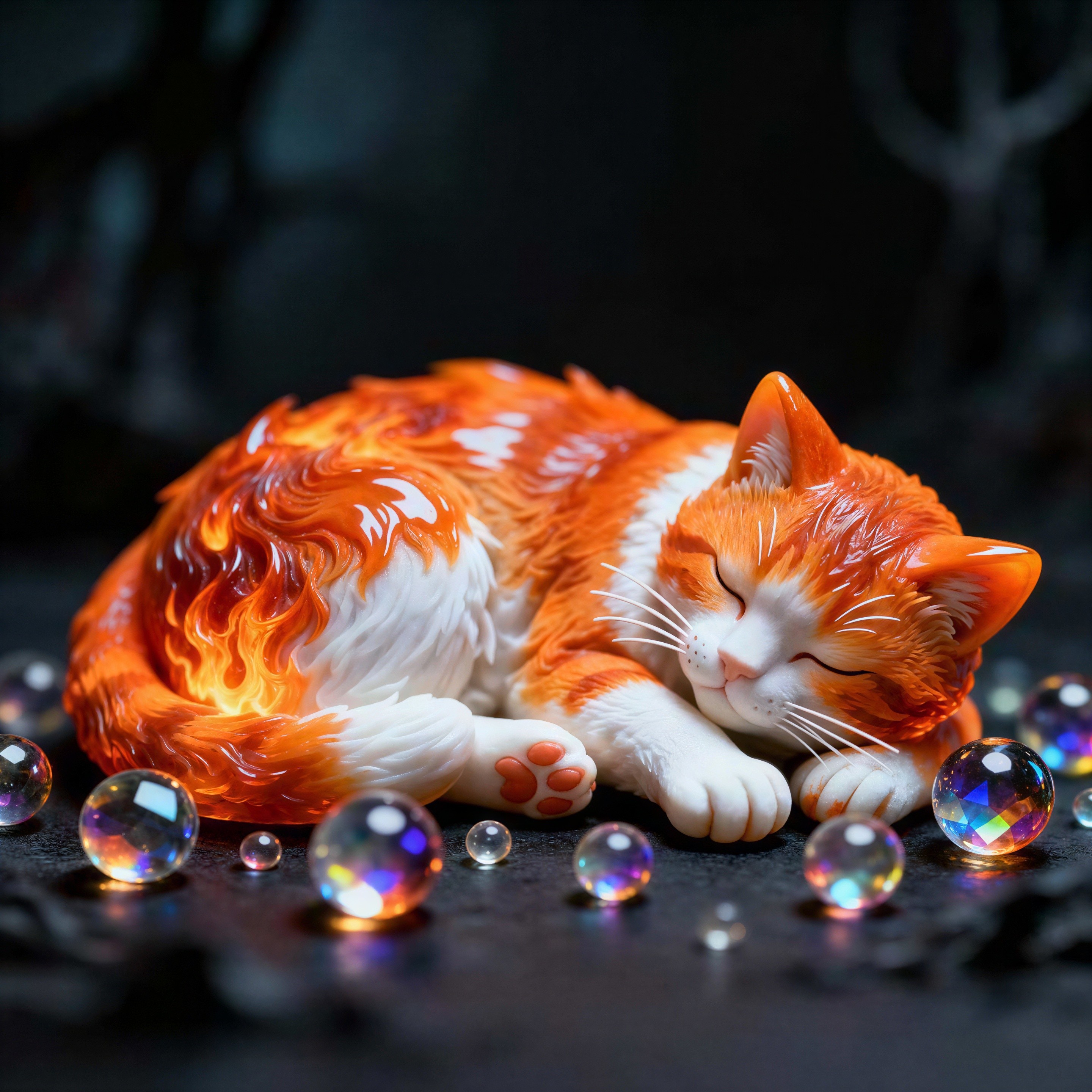 Ceramic Sleeping Cat Figurine with Iridescent Orbs