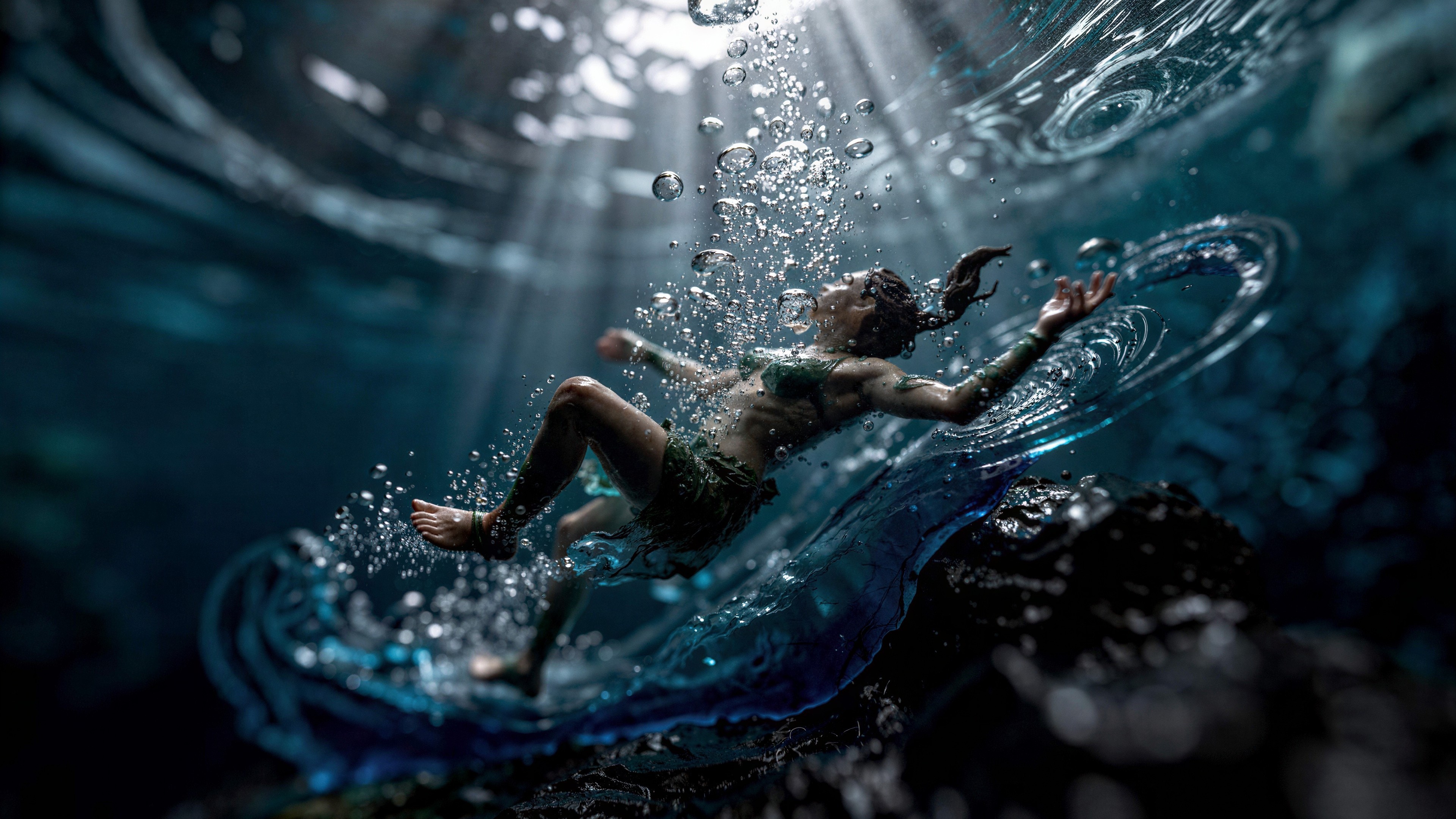Underwater Scene of Woman in Green Top and Skirt