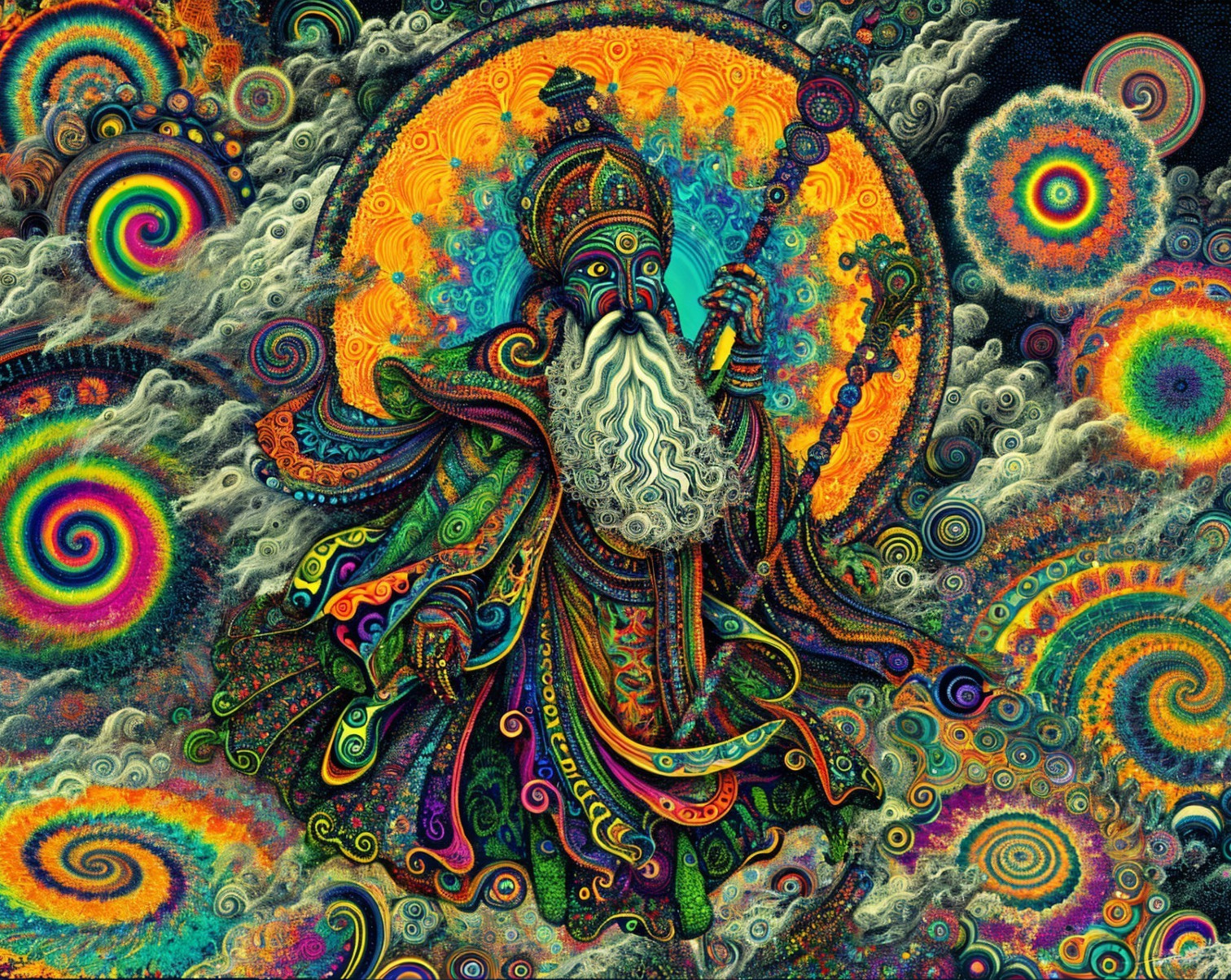Psychedelic Illustration of a Majestic Figure with Staff