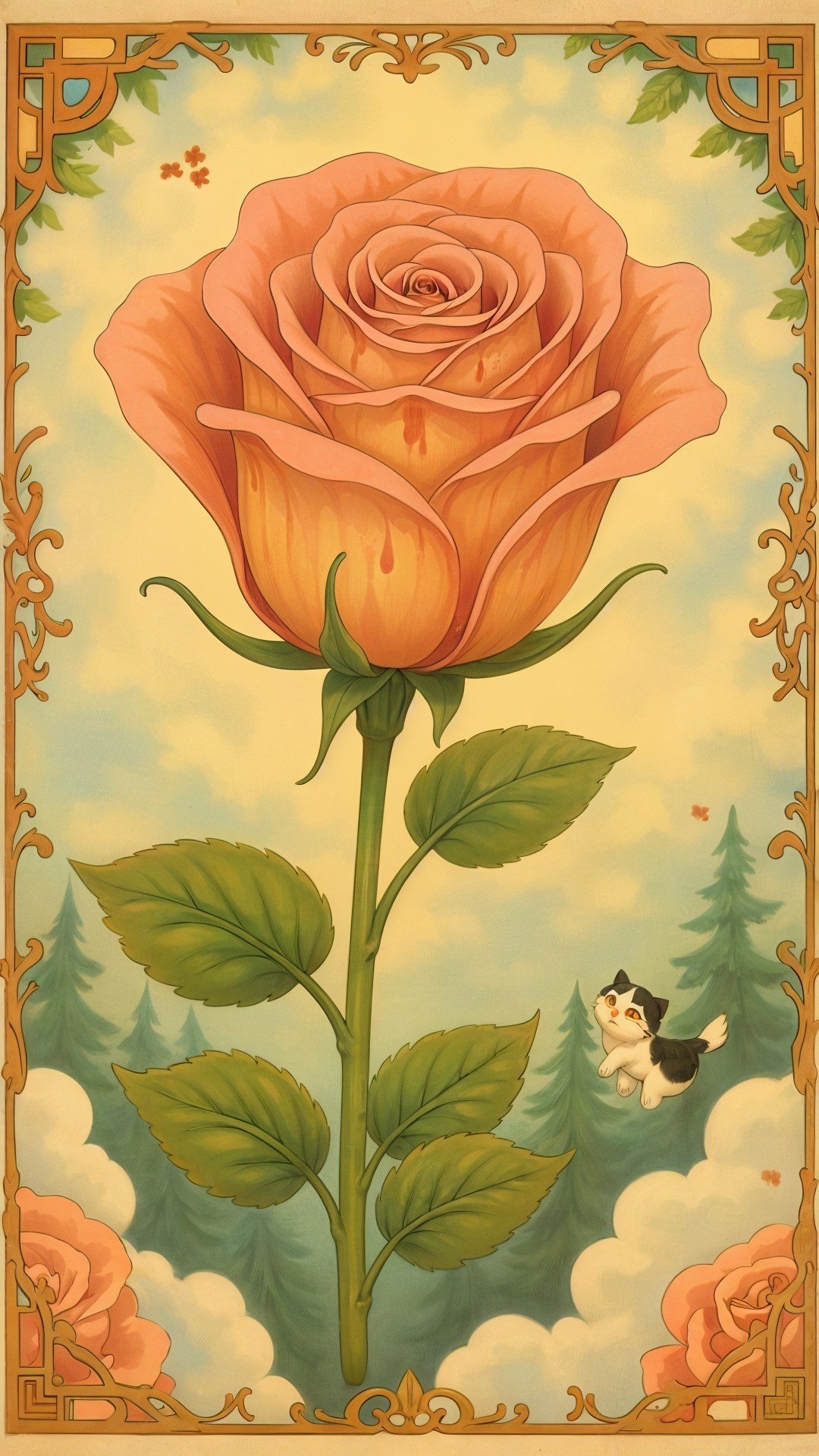 Whimsical Illustration of Peach Rose and Floating Cat