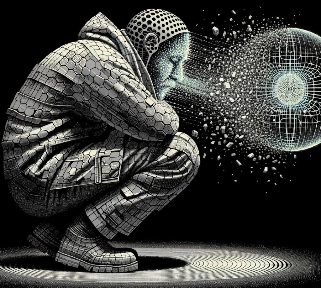 Futuristic Figure in Geometric Suit Surrounded by Light