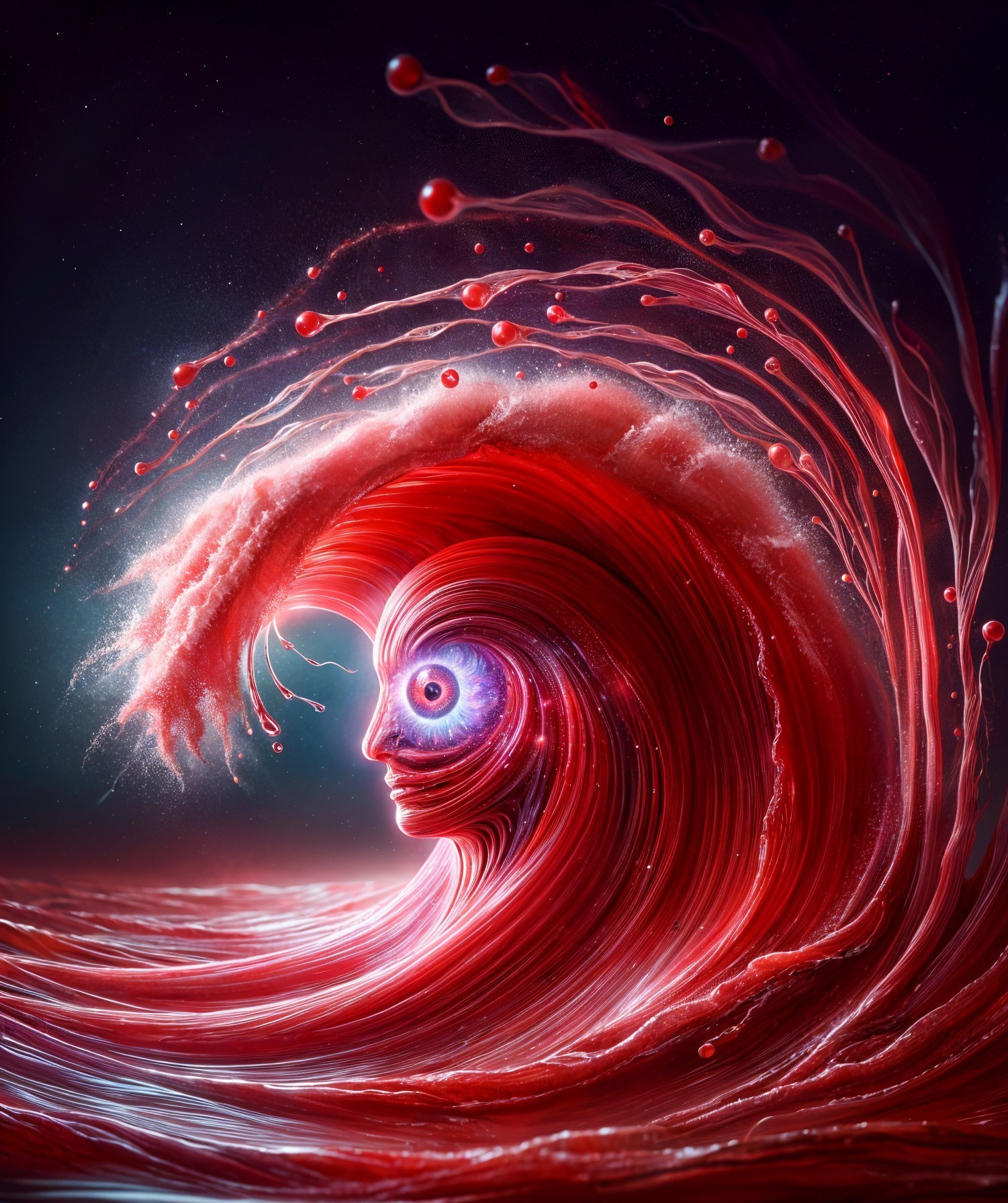 Vibrant Red Wave with Surreal Facial Features